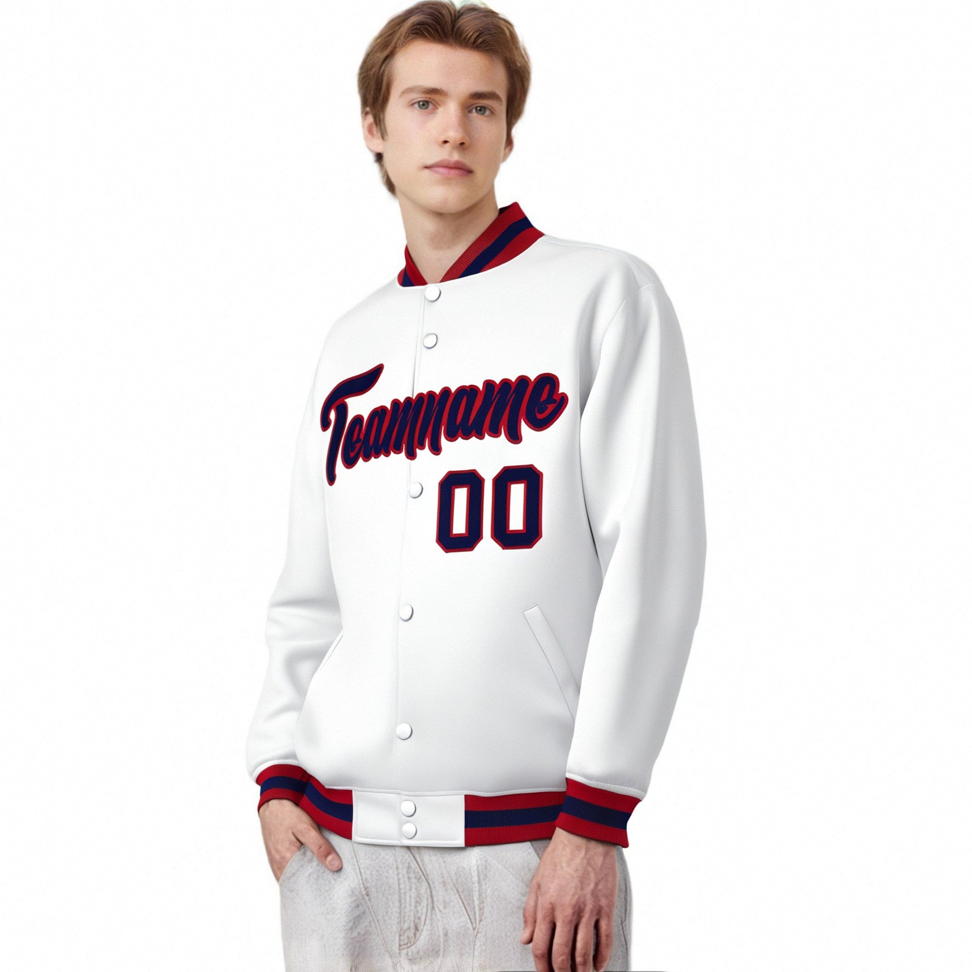 Custom White Navy-Red Bomber Full-Snap Varsity Letterman Jacket