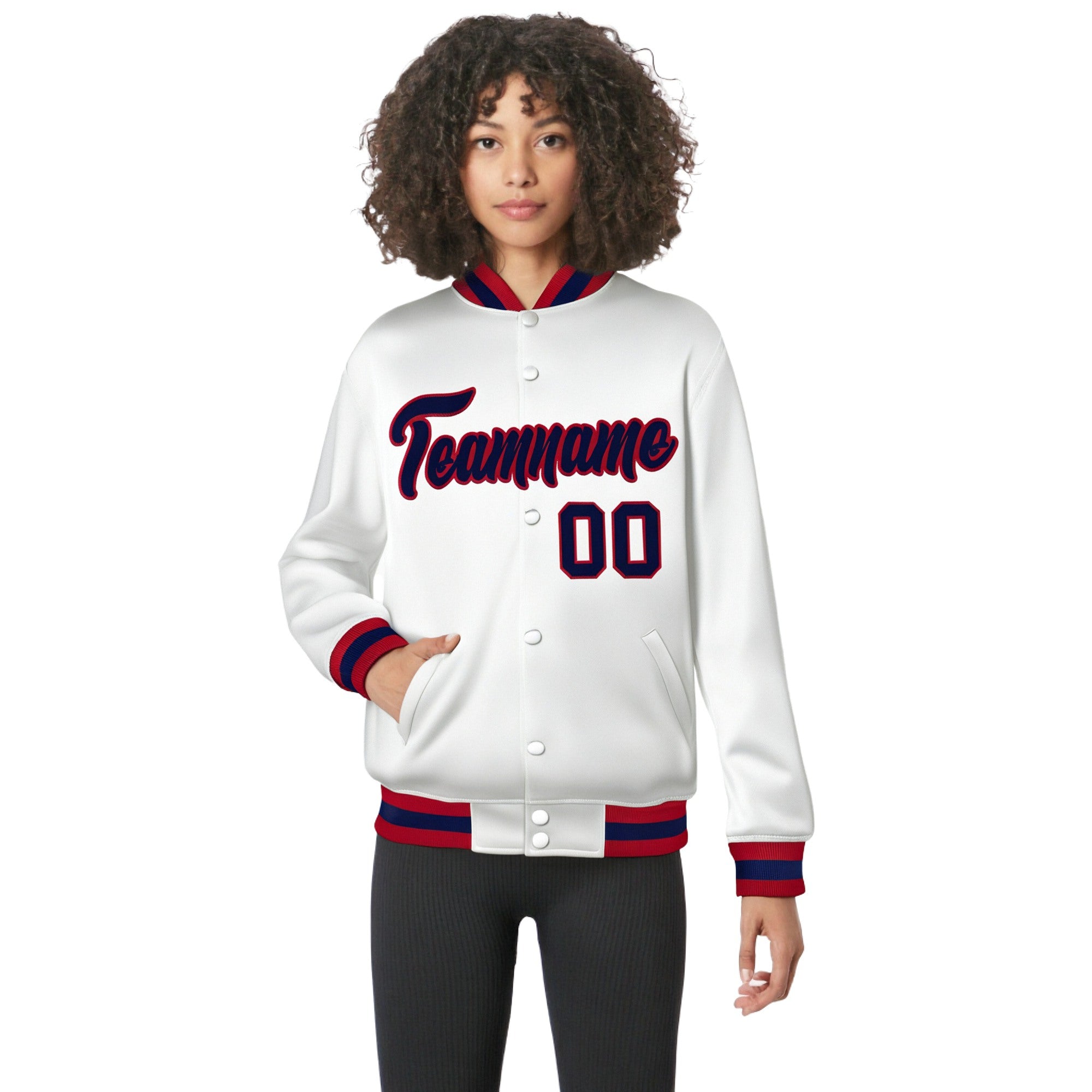 Custom White Navy-Red Bomber Full-Snap Varsity Letterman Jacket