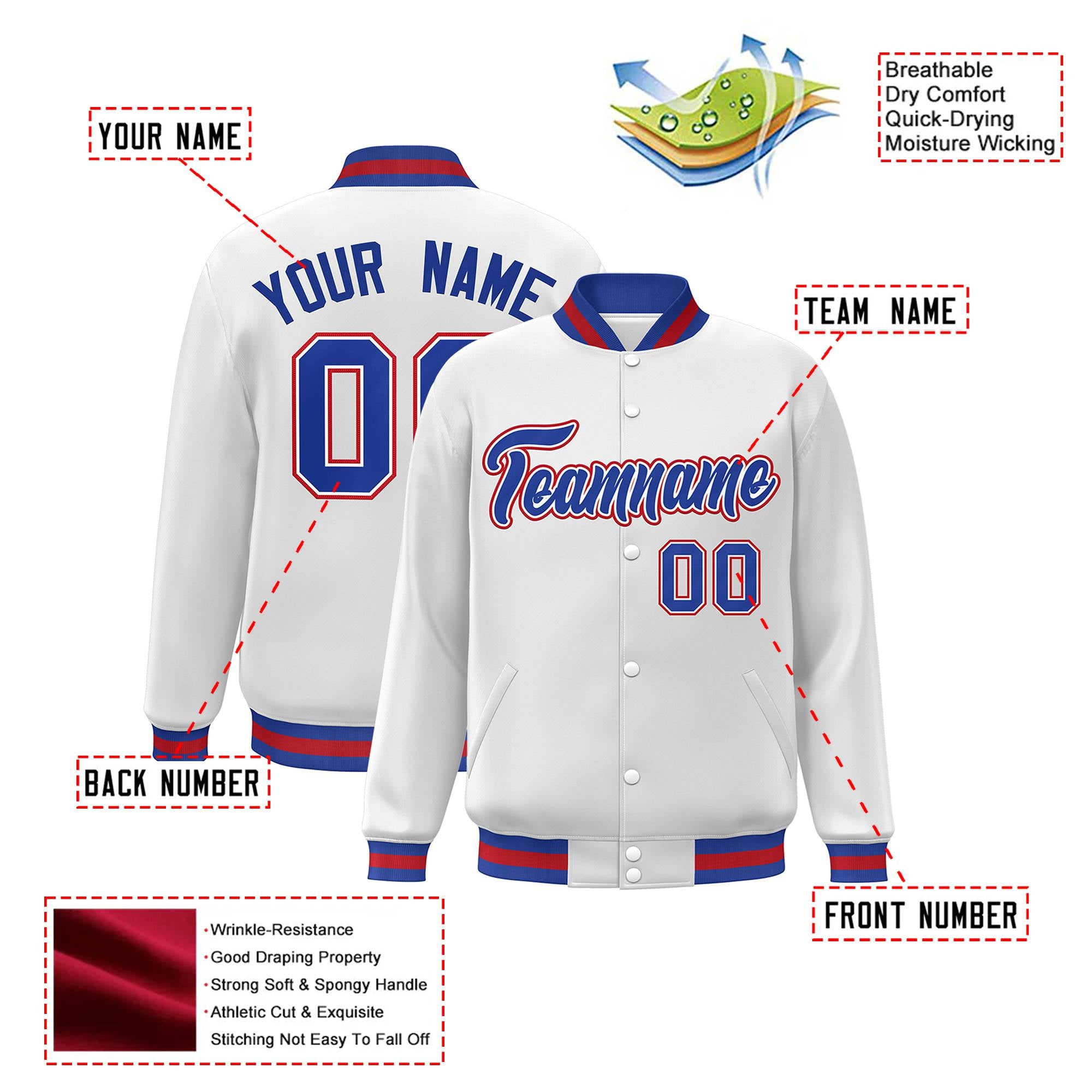 Custom White Thunder-Blue Red Bomber Full-Snap Varsity Letterman Jacket