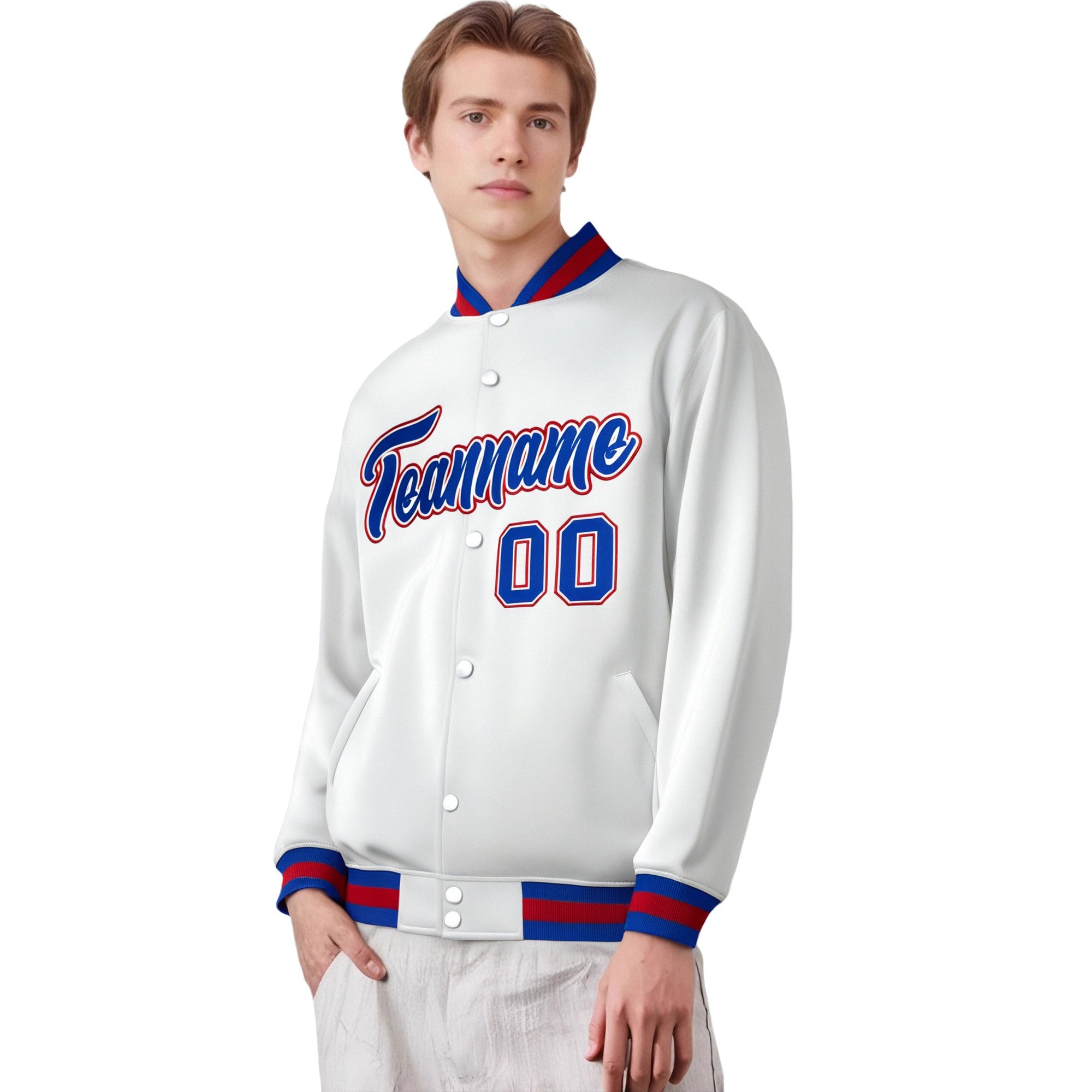 Custom White Thunder-Blue Red Bomber Full-Snap Varsity Letterman Jacket