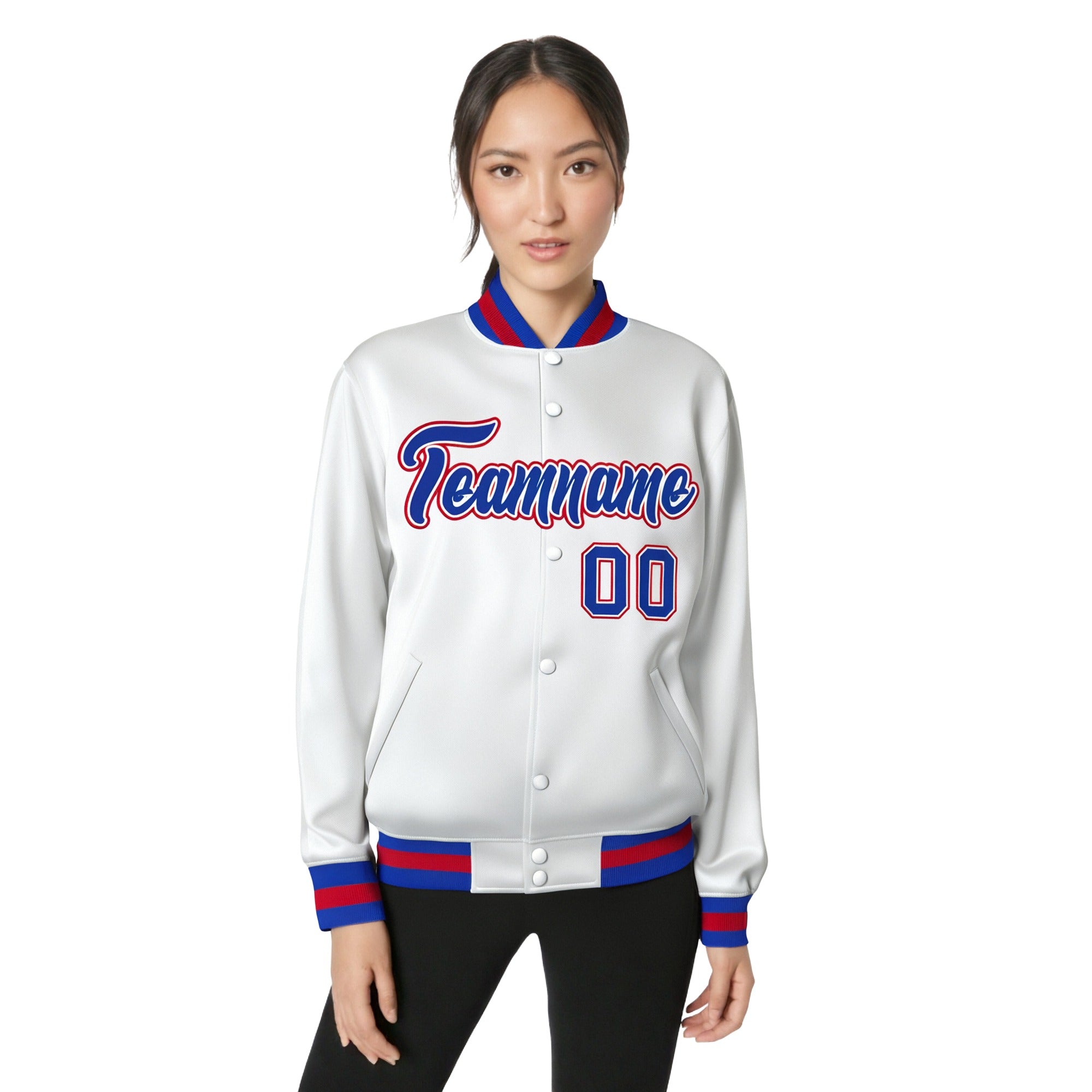 Custom White Thunder-Blue Red Bomber Full-Snap Varsity Letterman Jacket