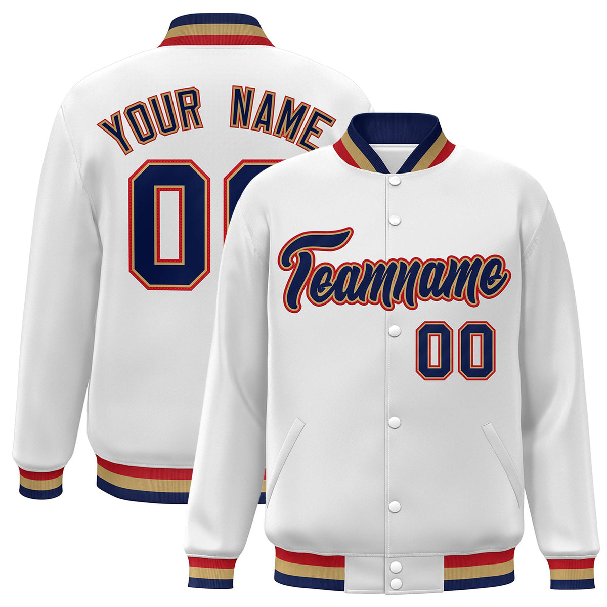 Custom White Navy Old-Gold Bomber Full-Snap Varsity Letterman Jacket