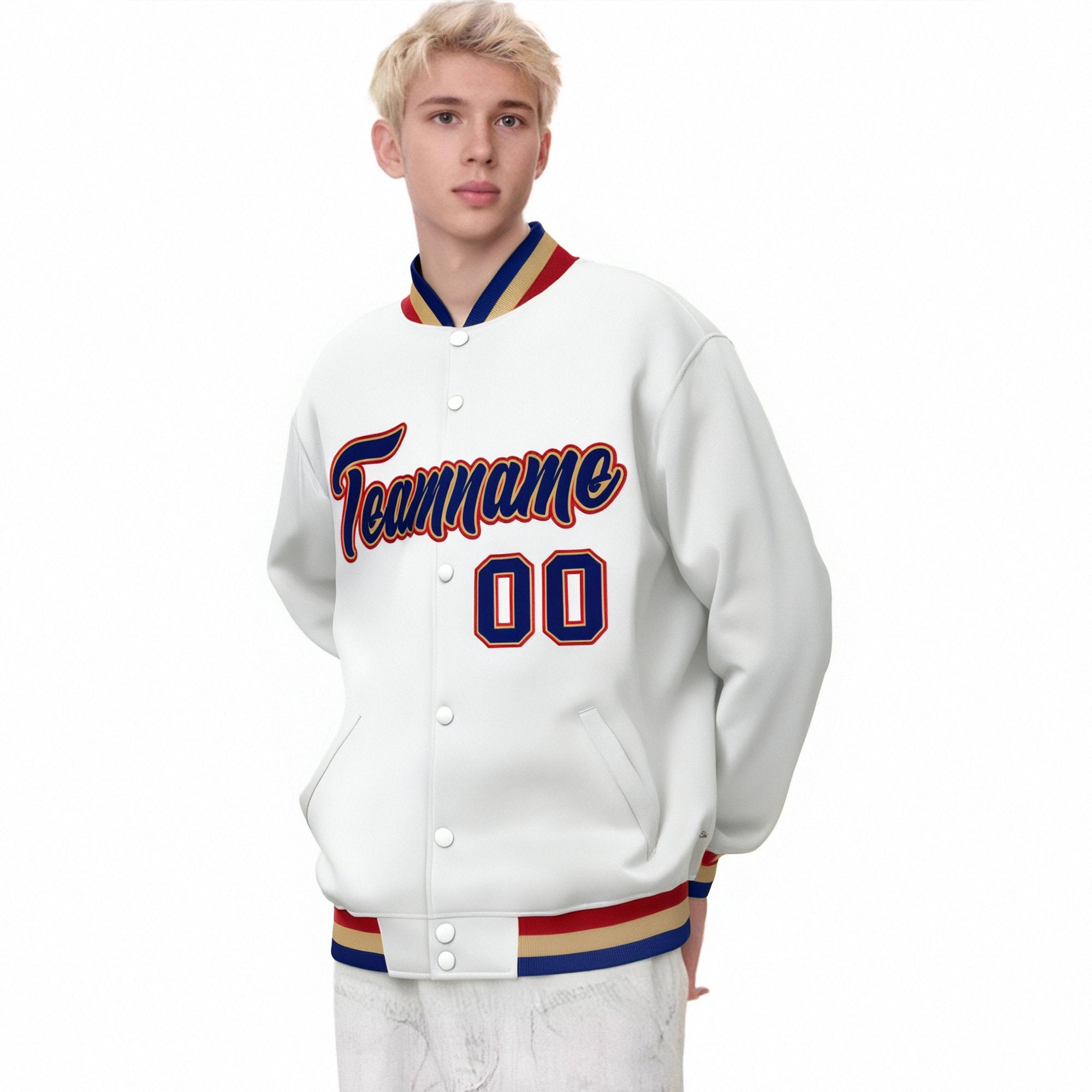 Custom White Navy Old-Gold Bomber Full-Snap Varsity Letterman Jacket