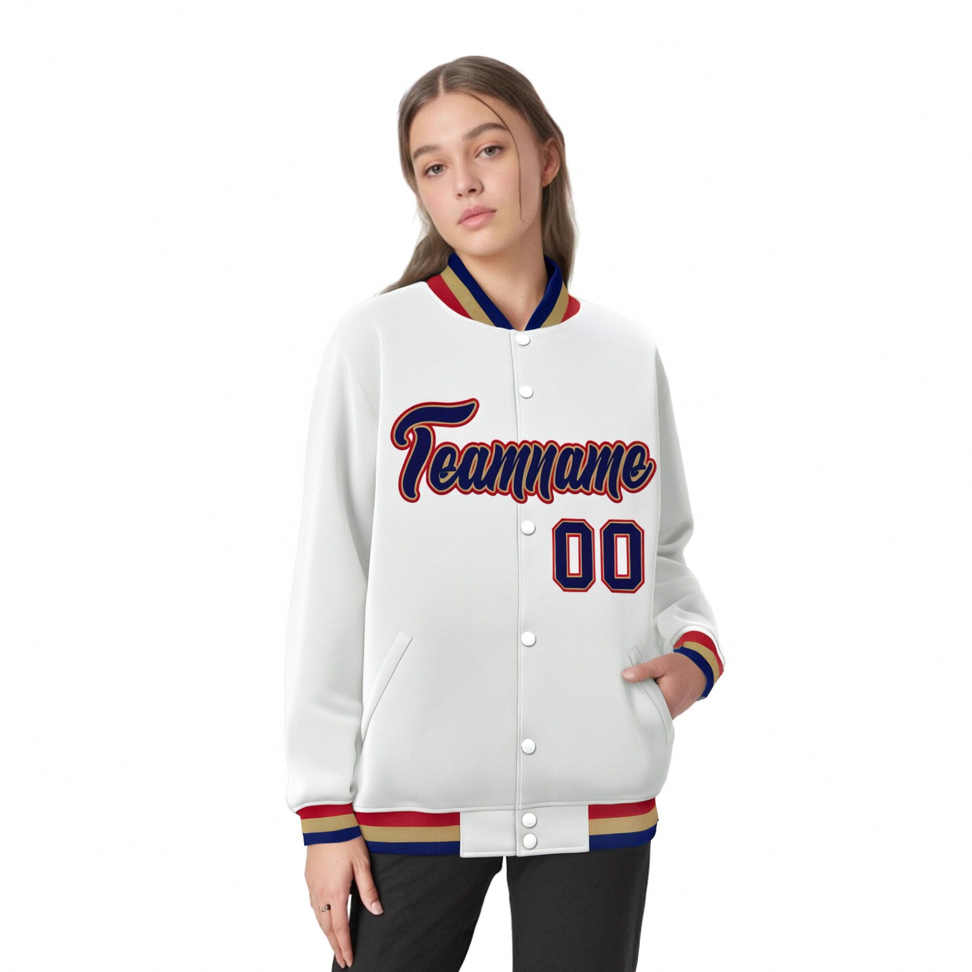 Custom White Navy Old-Gold Bomber Full-Snap Varsity Letterman Jacket