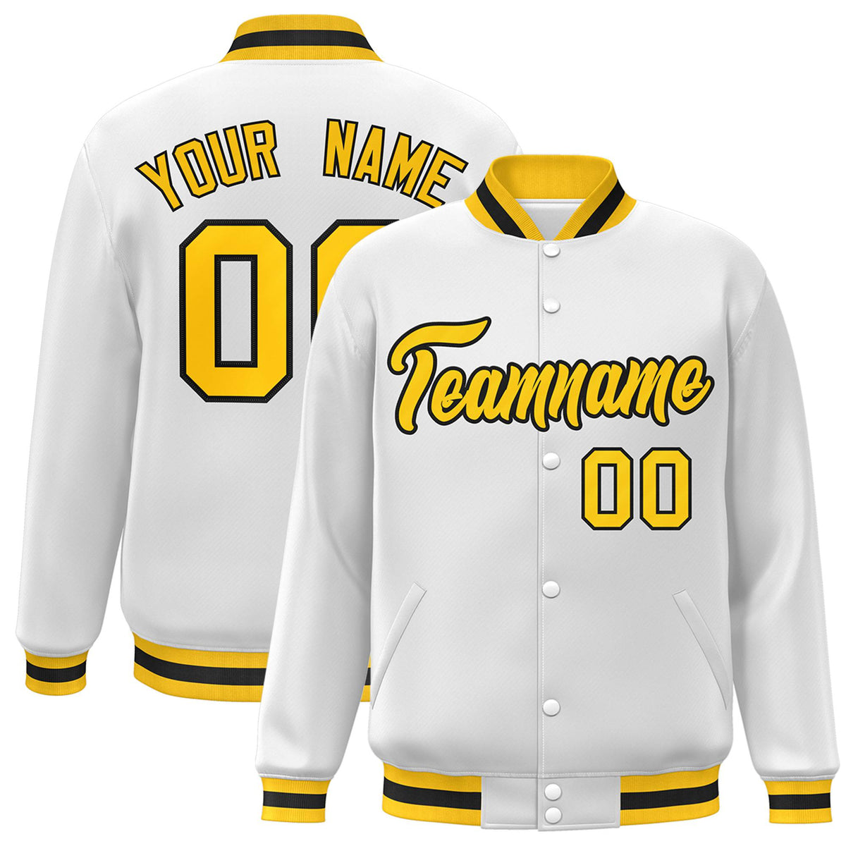 Custom White Yellow-Black Bomber Full-Snap Varsity Letterman Jacket