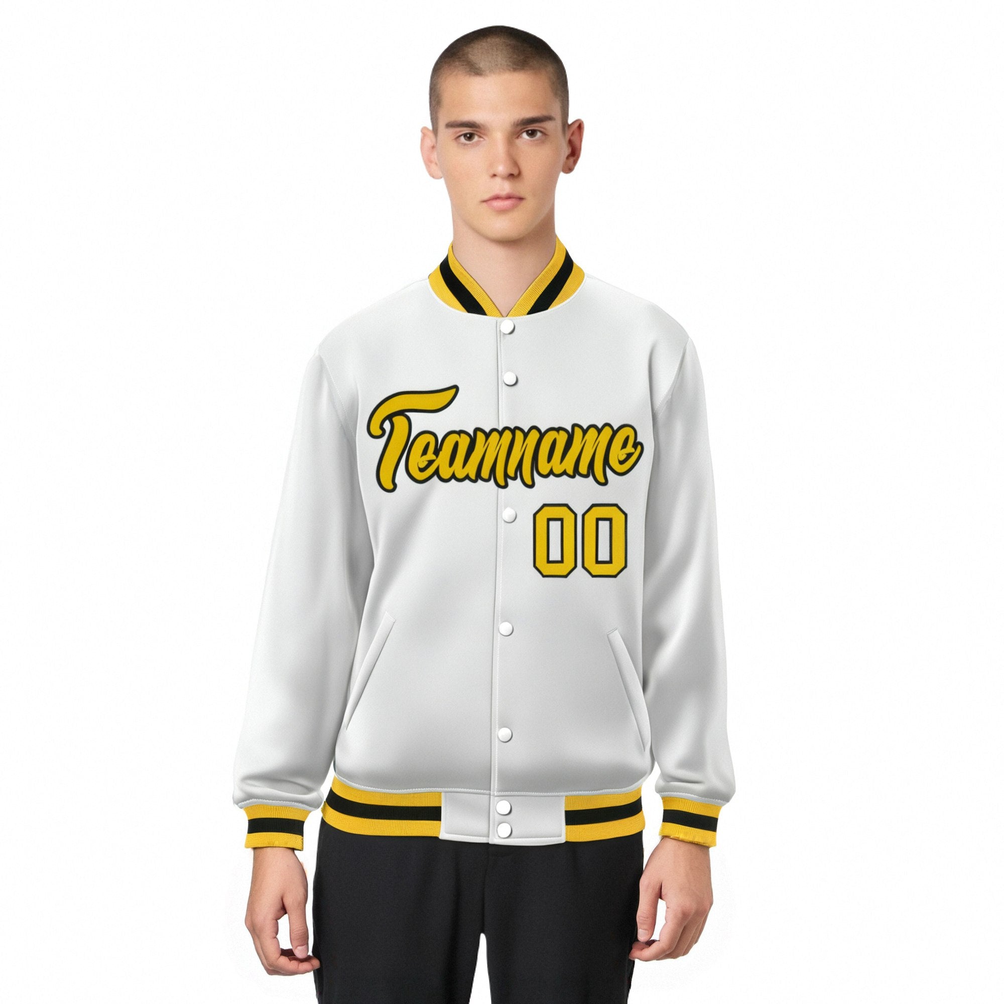 Custom White Yellow-Black Bomber Full-Snap Varsity Letterman Jacket