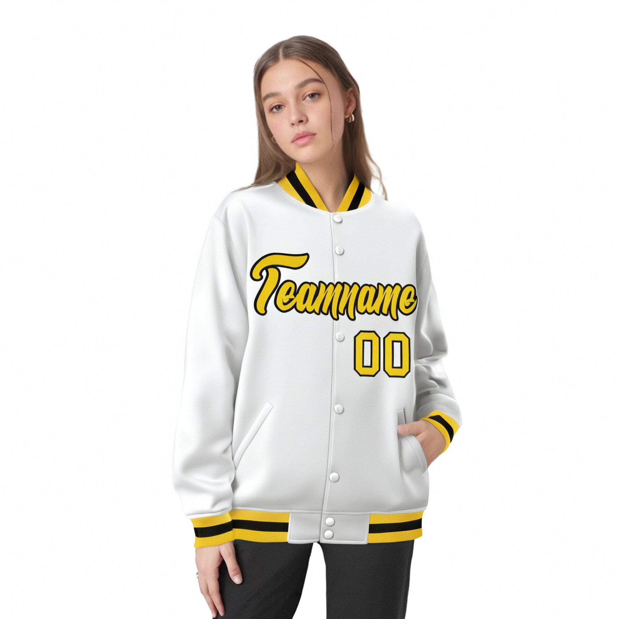 Custom White Yellow-Black Bomber Full-Snap Varsity Letterman Jacket