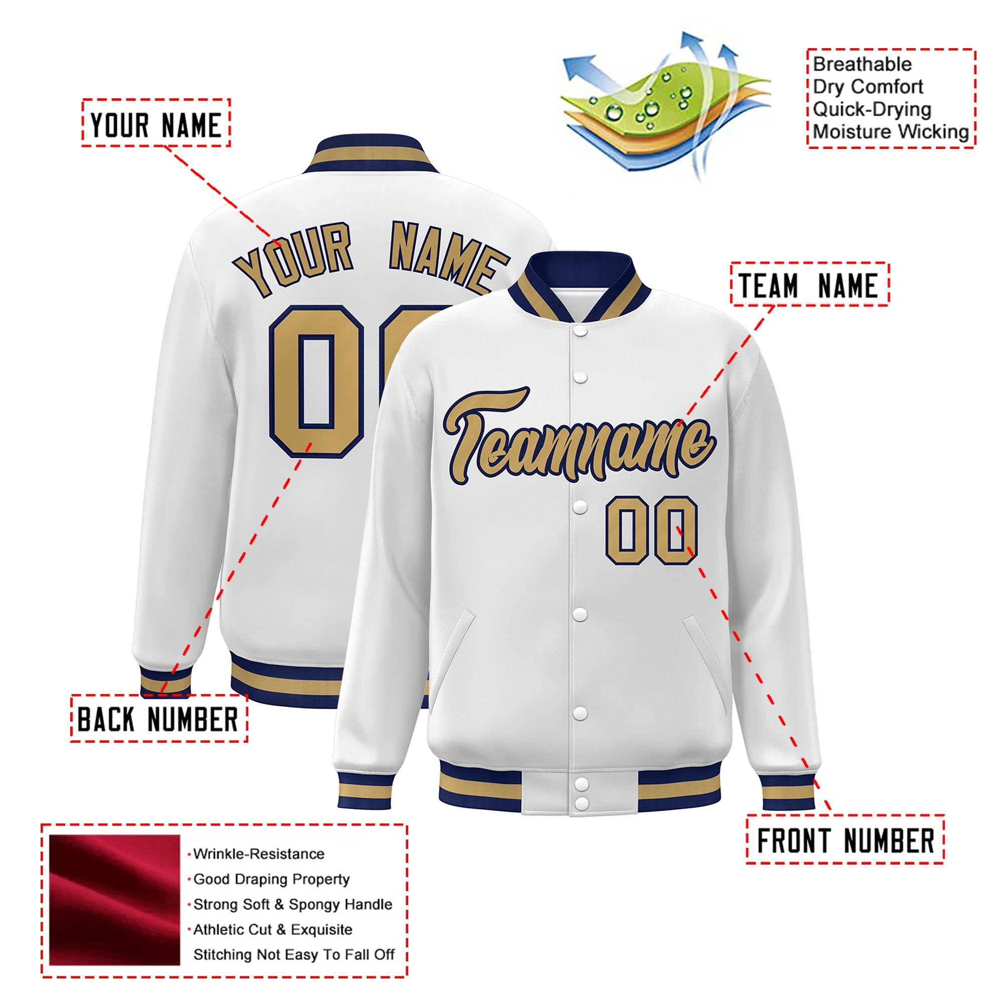 Custom White Old-Gold Navy Bomber Full-Snap Varsity Letterman Jacket