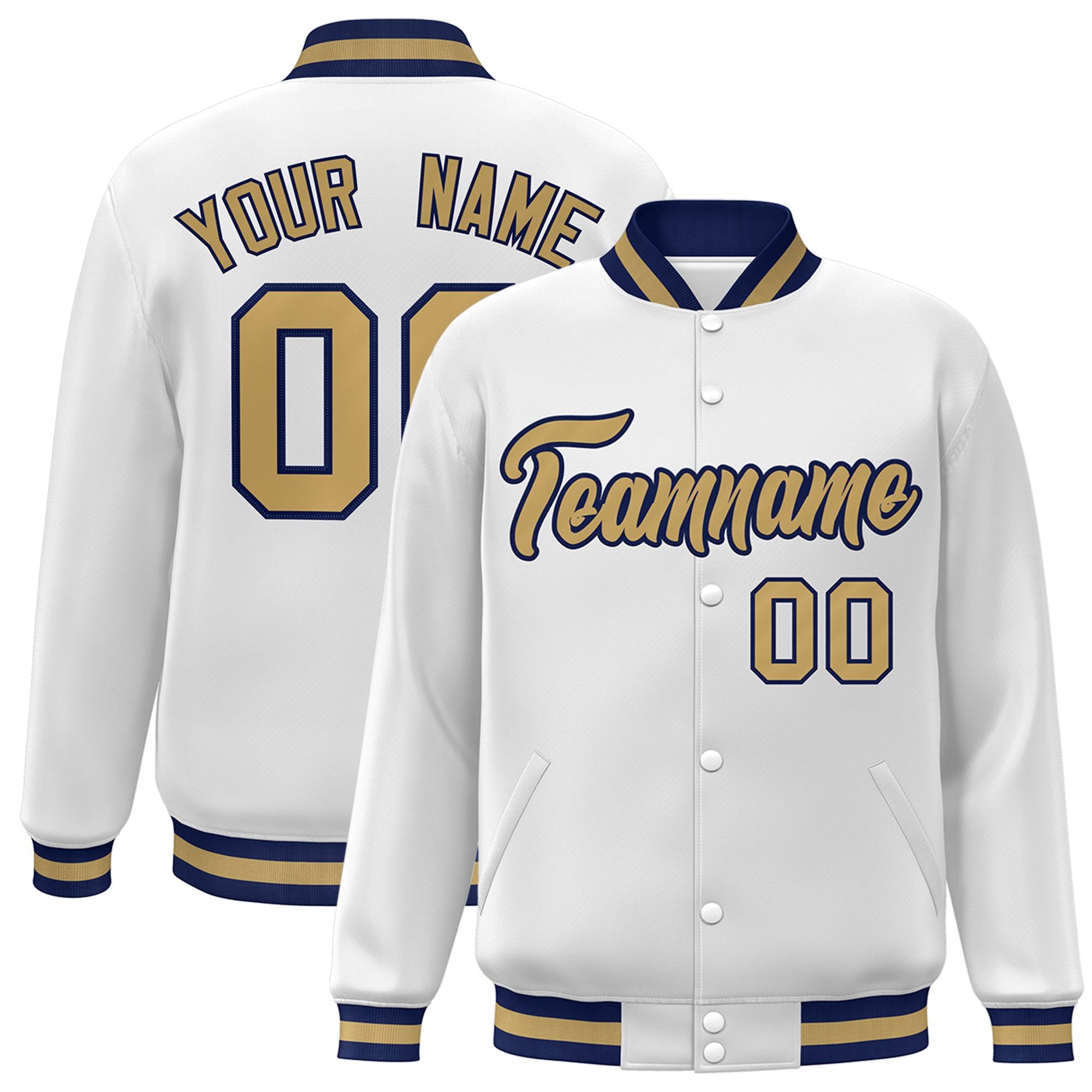 Custom White Old-Gold Navy Bomber Full-Snap Varsity Letterman Jacket