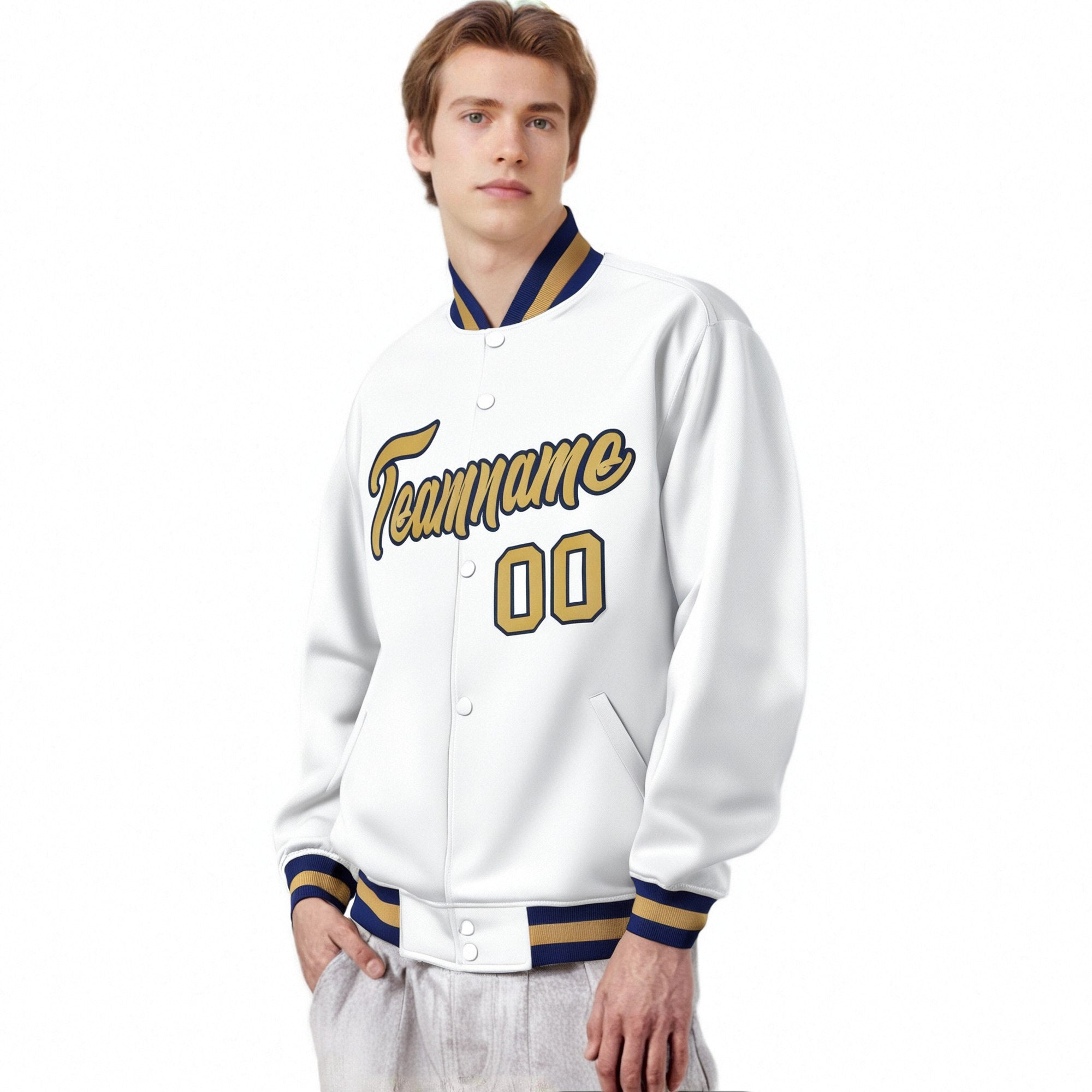 Custom White Old-Gold Navy Bomber Full-Snap Varsity Letterman Jacket