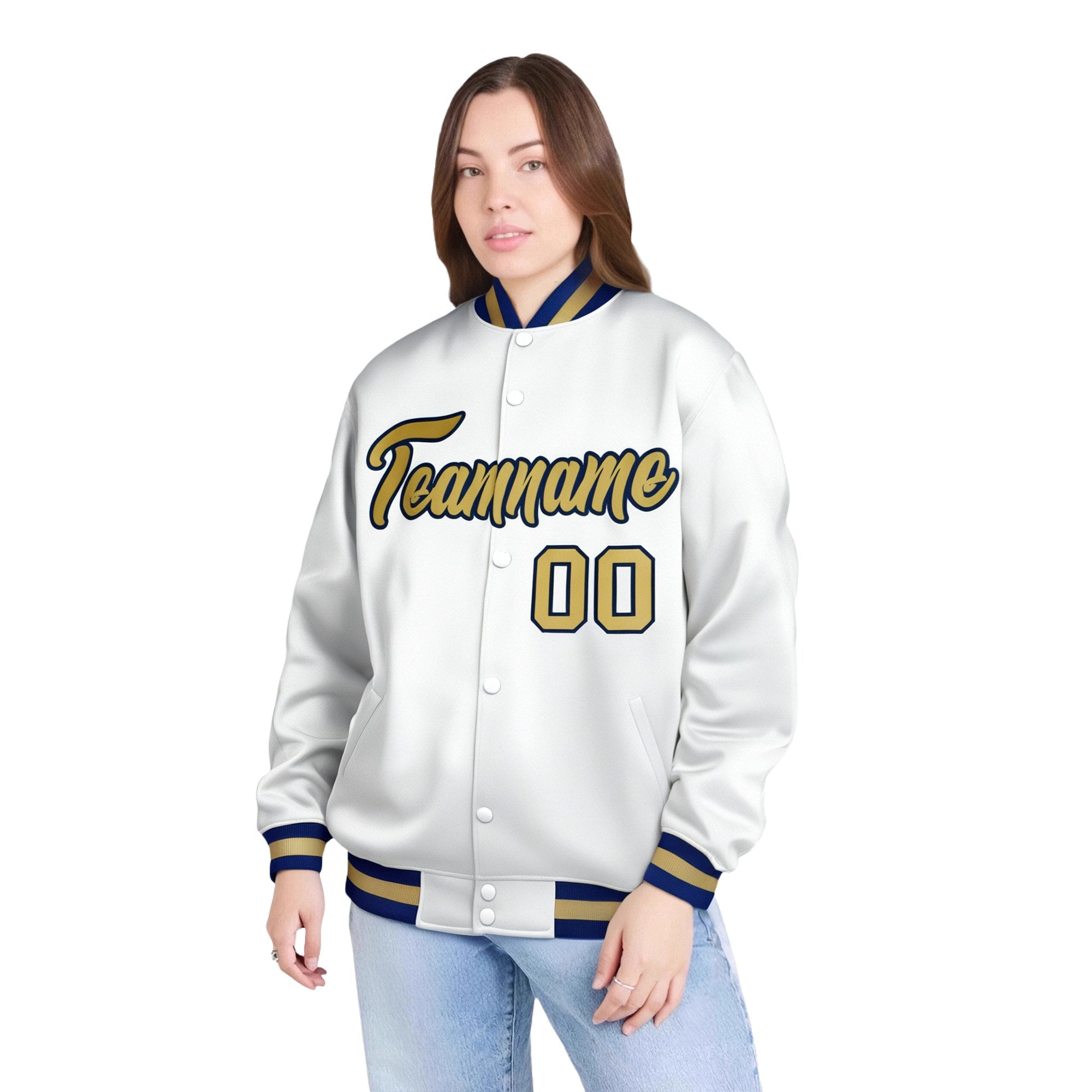 Custom White Old-Gold Navy Bomber Full-Snap Varsity Letterman Jacket