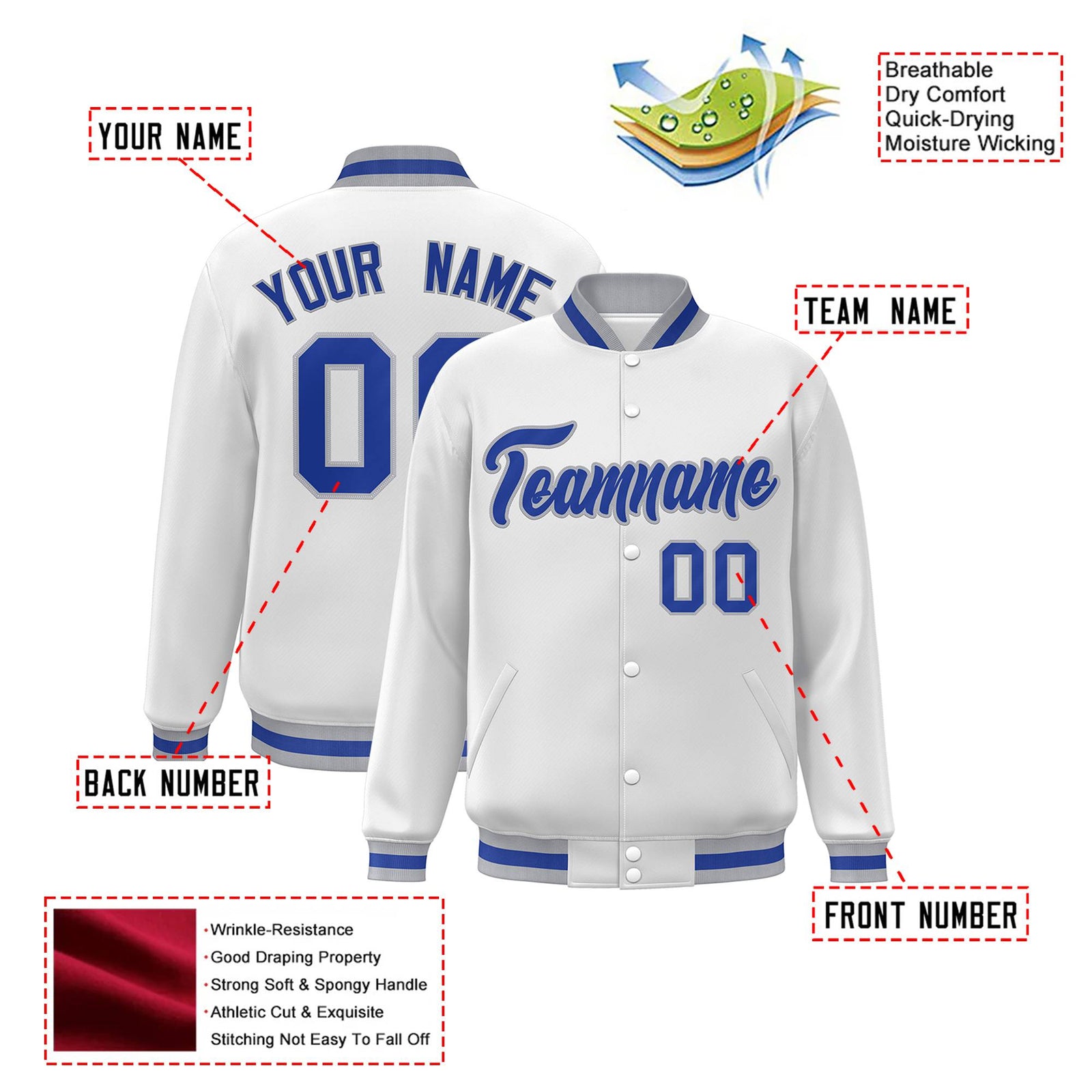 Custom White Thunder-Blue Gray Bomber Full-Snap Varsity Letterman Jacket