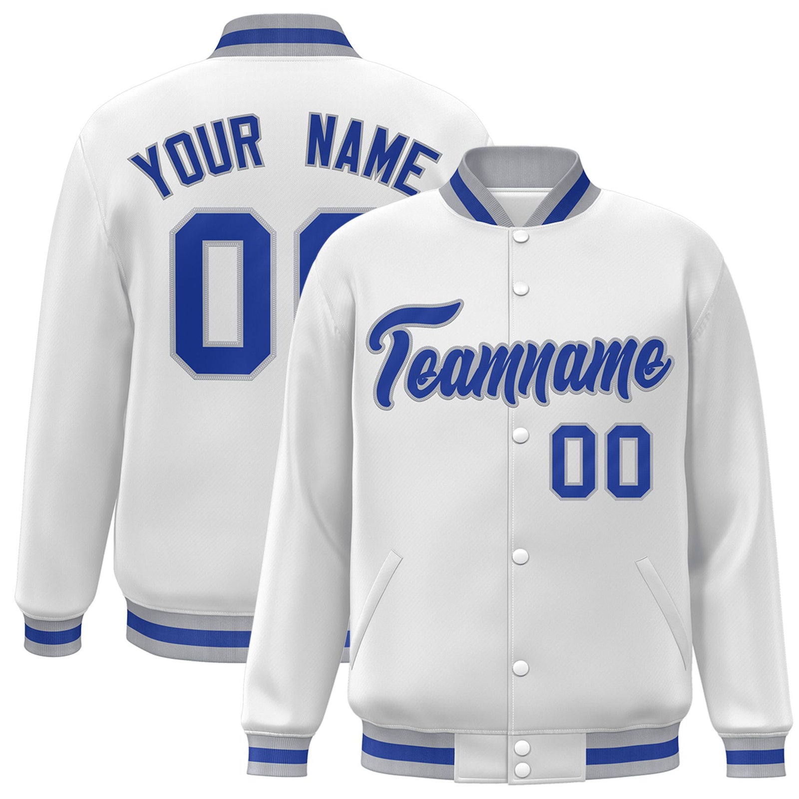 Custom White Thunder-Blue Gray Bomber Full-Snap Varsity Letterman Jacket