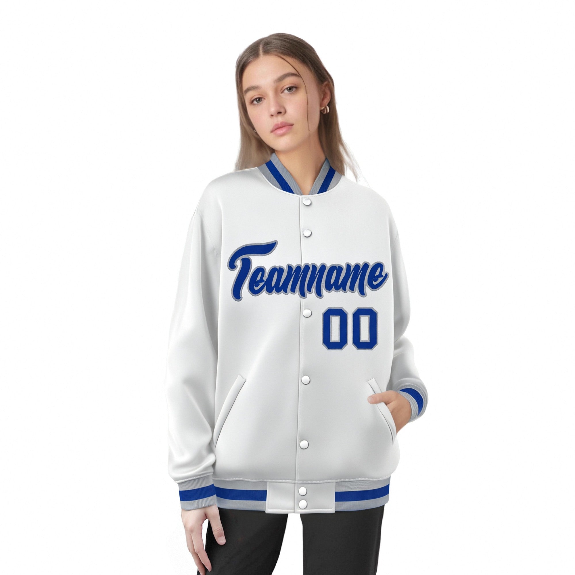 Custom White Thunder-Blue Gray Bomber Full-Snap Varsity Letterman Jacket