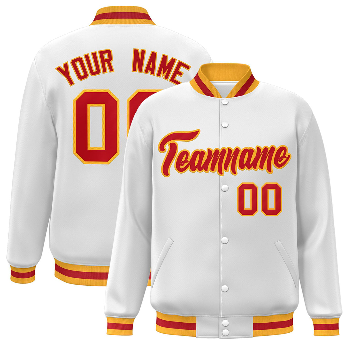 Custom White Orange Yellow Bomber Full-Snap Varsity Letterman Jacket