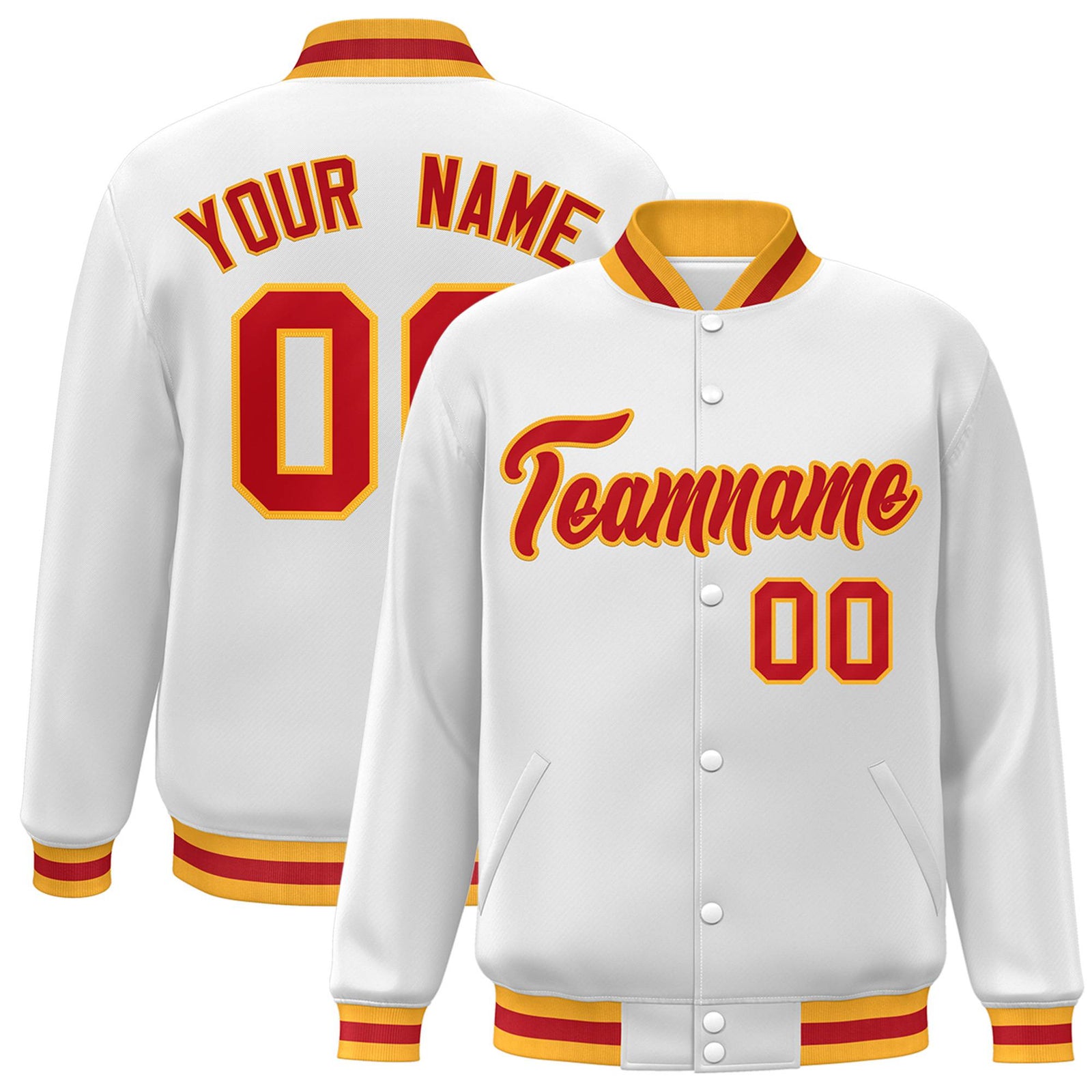 Custom White Orange Yellow Bomber Full-Snap Varsity Letterman Jacket