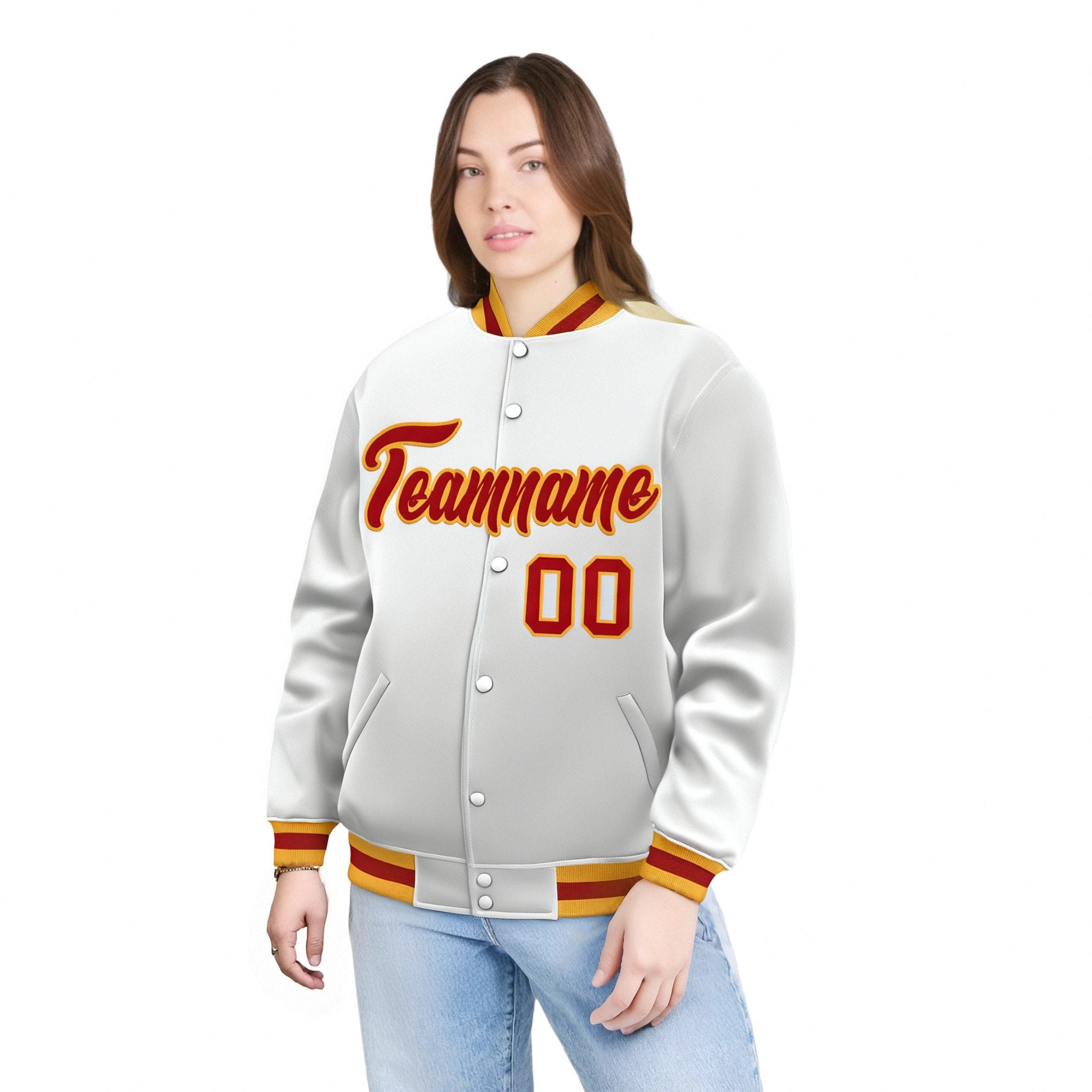 Custom White Orange Yellow Bomber Full-Snap Varsity Letterman Jacket