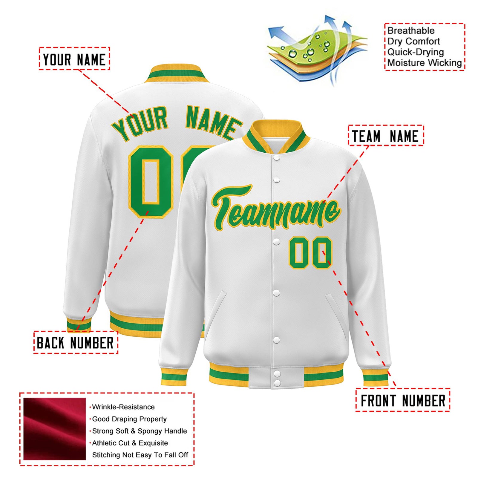 Custom White Neon-Green Yellow Bomber Full-Snap Varsity Letterman Jacket