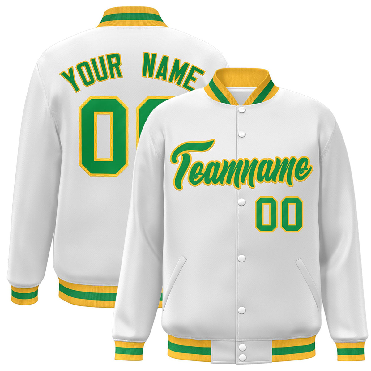 Custom White Neon-Green Yellow Bomber Full-Snap Varsity Letterman Jacket