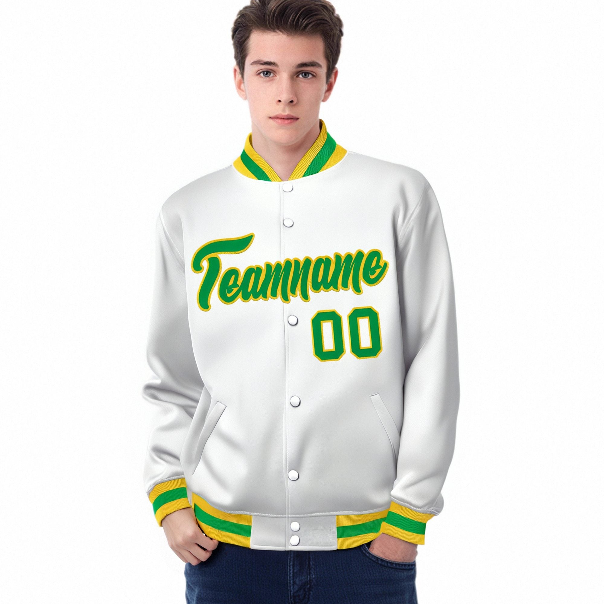 Custom White Neon-Green Yellow Bomber Full-Snap Varsity Letterman Jacket