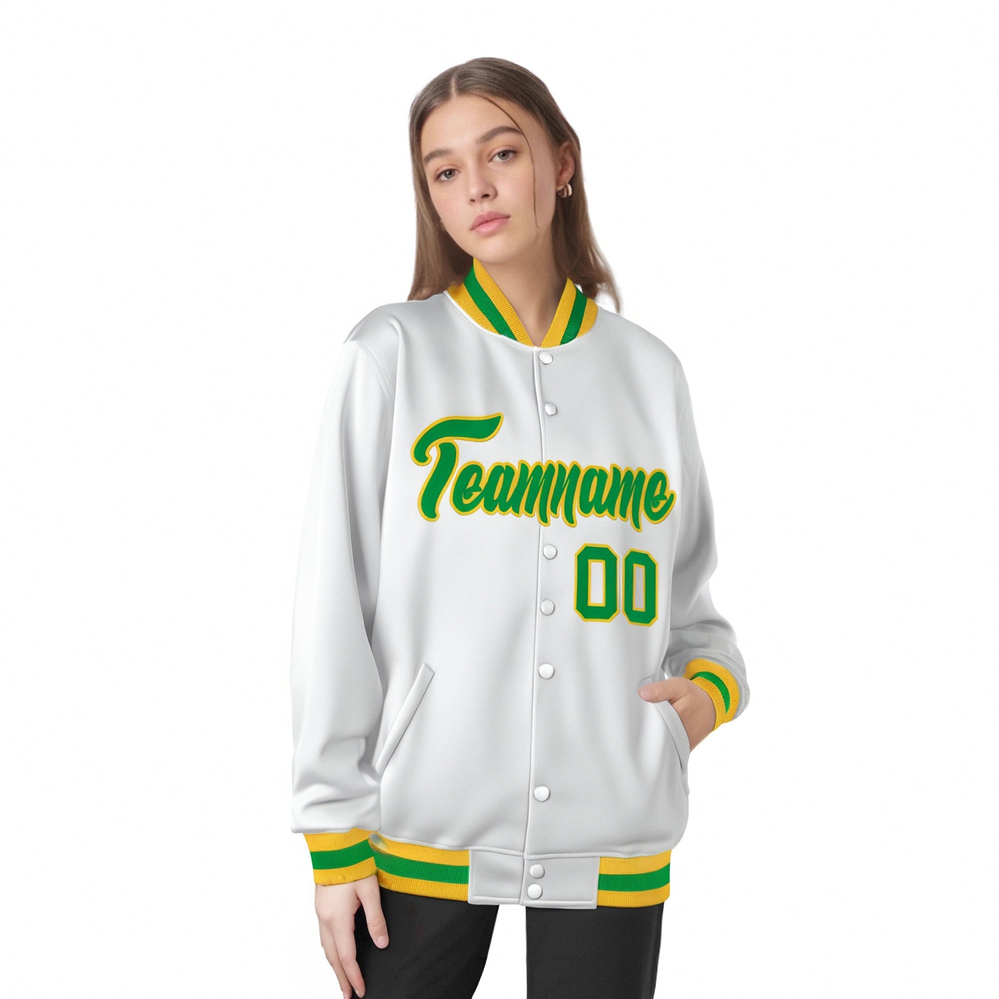 Custom White Neon-Green Yellow Bomber Full-Snap Varsity Letterman Jacket