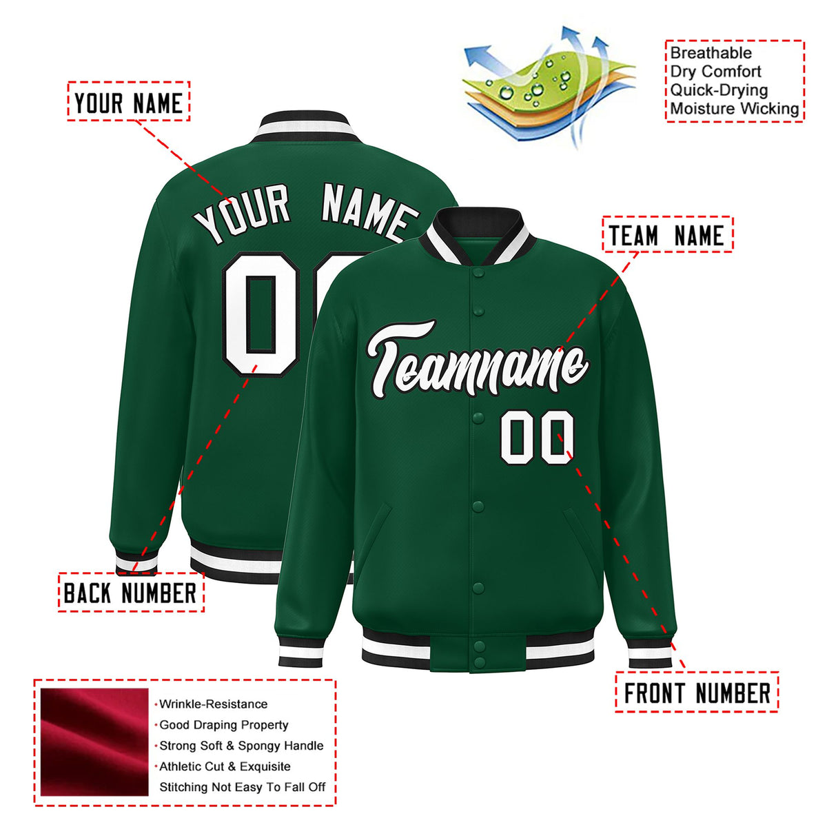 Custom Kelly Green White-Black Bomber Full-Snap Varsity Letterman Jacket