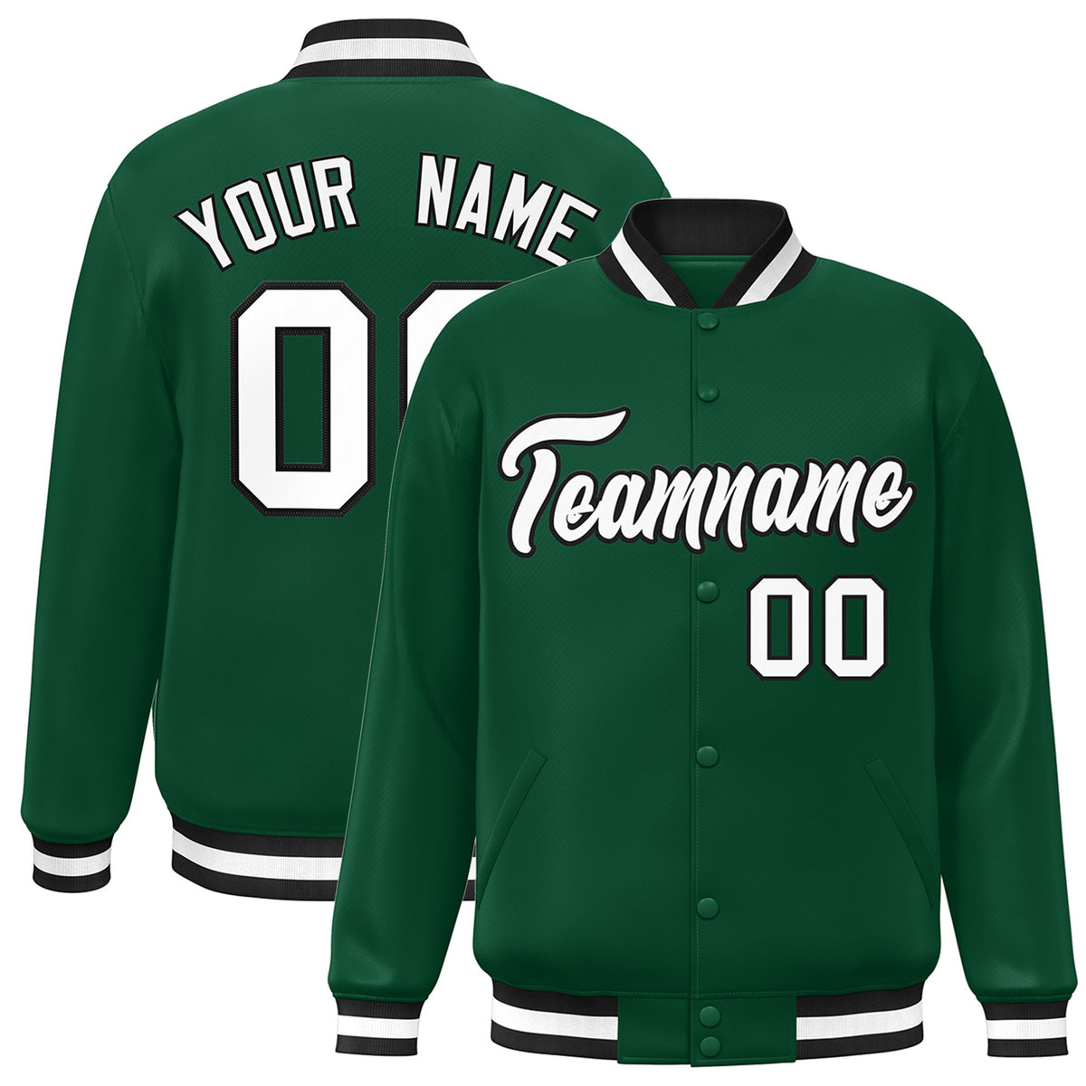Custom Kelly Green White-Black Bomber Full-Snap Varsity Letterman Jacket