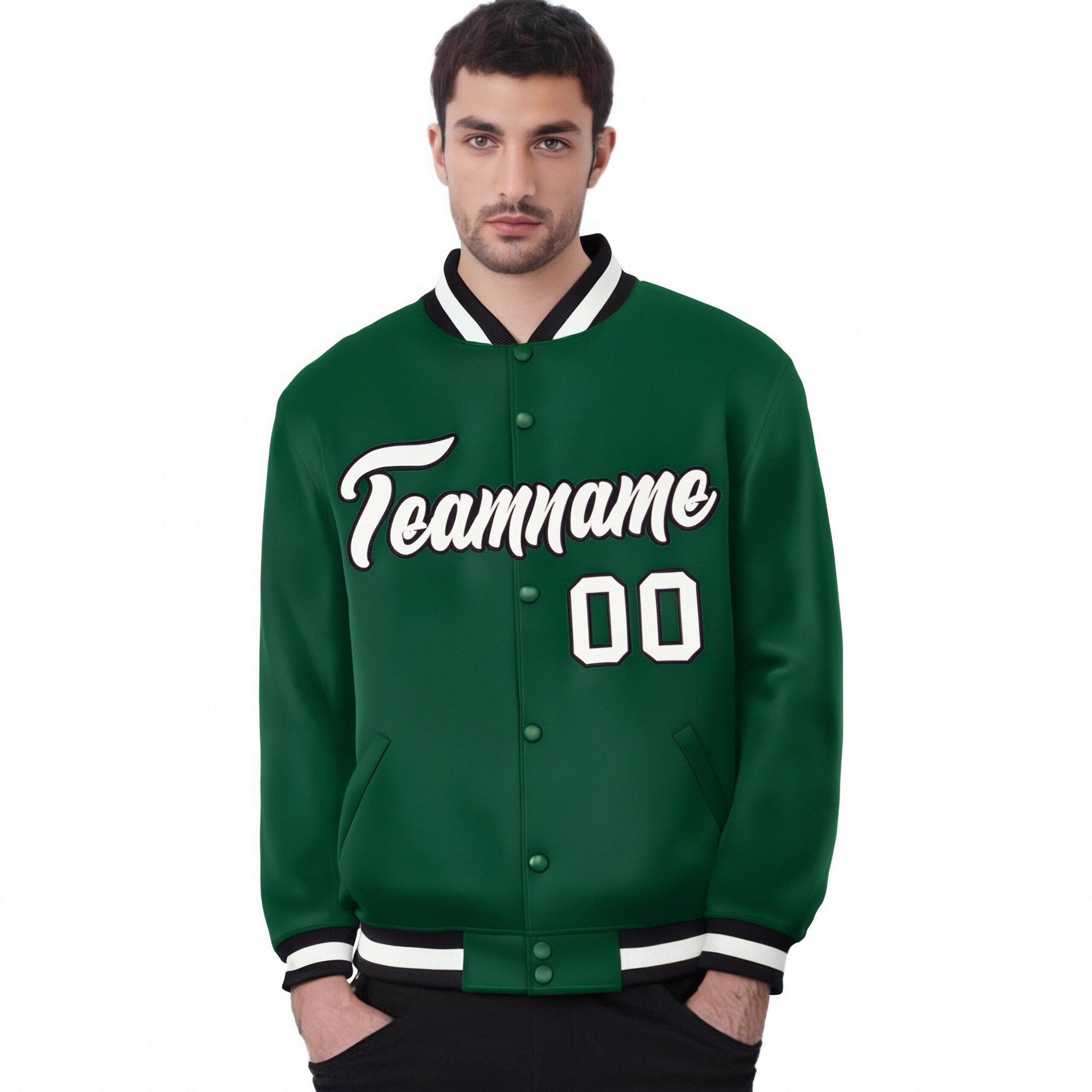 Custom Kelly Green White-Black Bomber Full-Snap Varsity Letterman Jacket