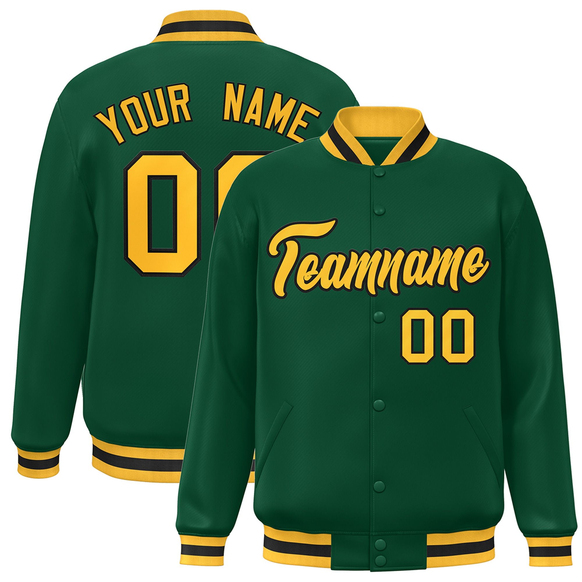 Custom Kelly Green Yellow-Black Bomber Full-Snap Varsity Letterman Jacket