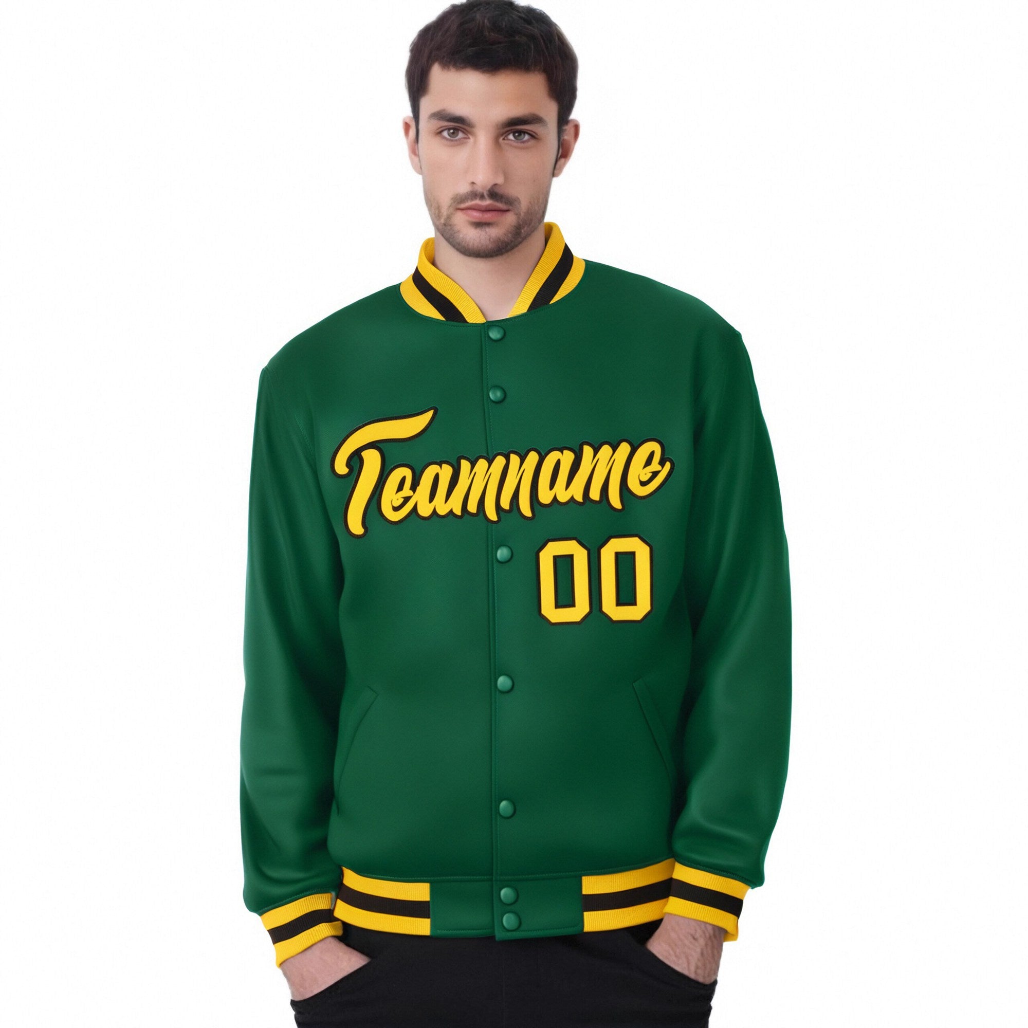 Custom Kelly Green Yellow-Black Bomber Full-Snap Varsity Letterman Jacket