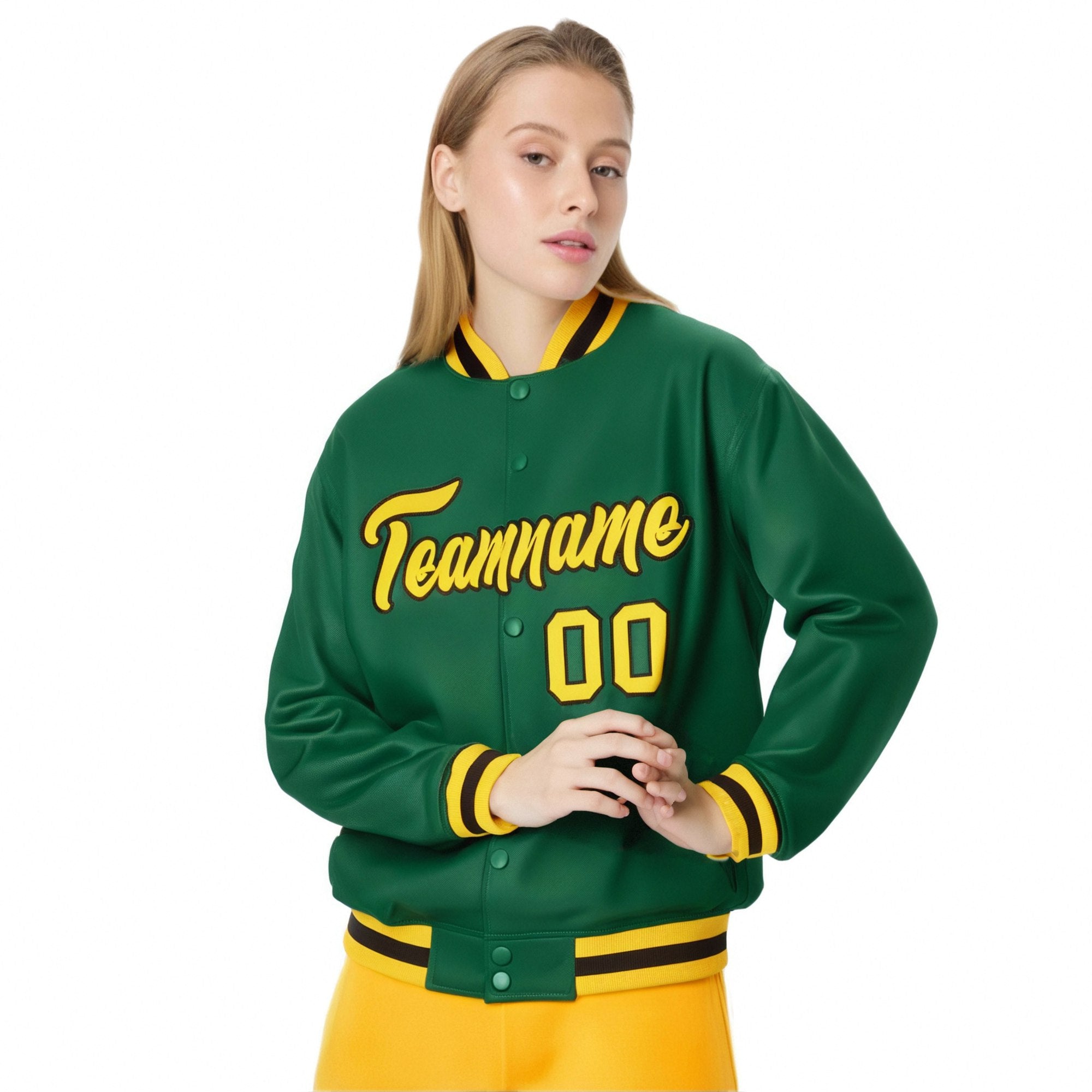 Custom Kelly Green Yellow-Black Bomber Full-Snap Varsity Letterman Jacket