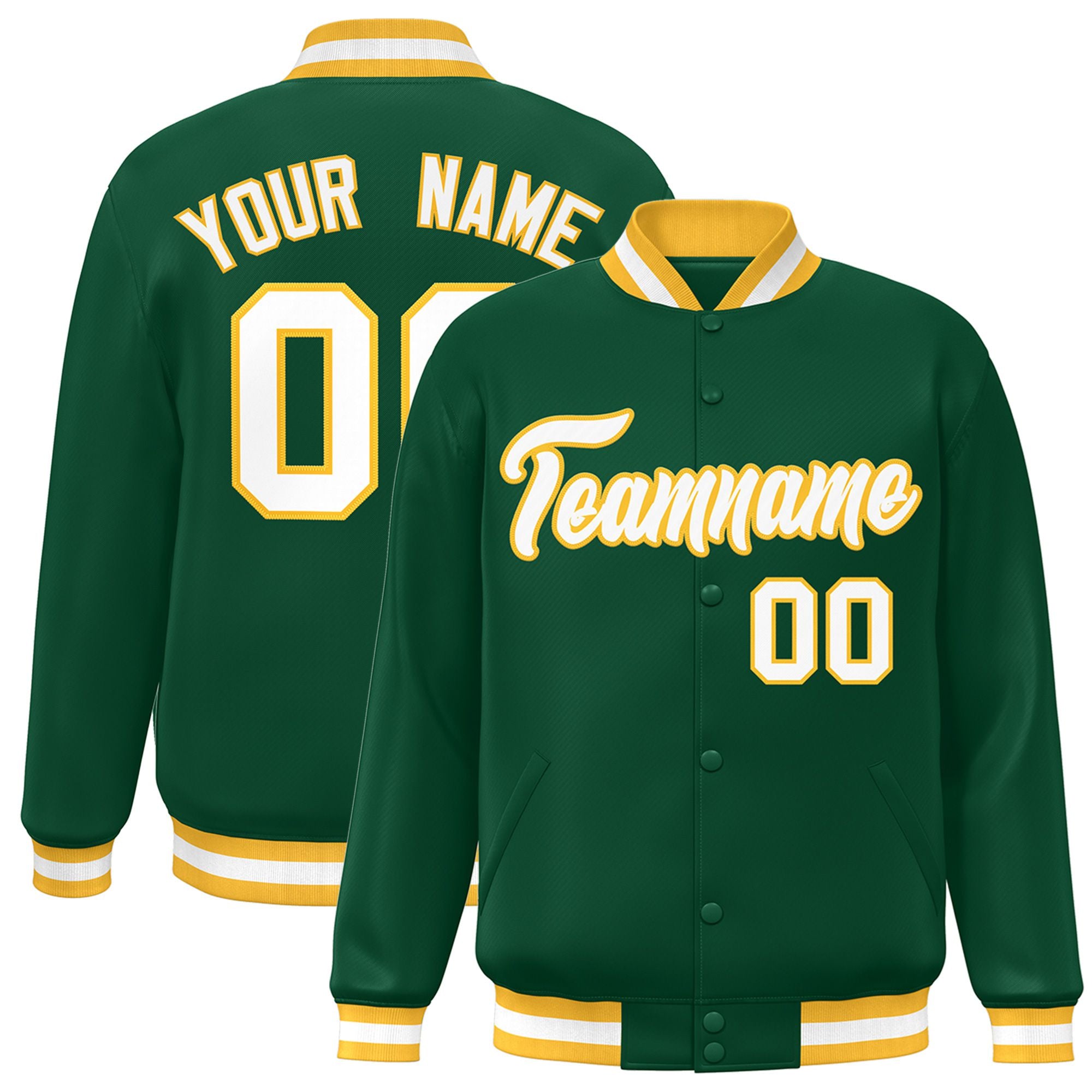 Custom Kelly Green White-Yellow Bomber Full-Snap Varsity Letterman Jacket