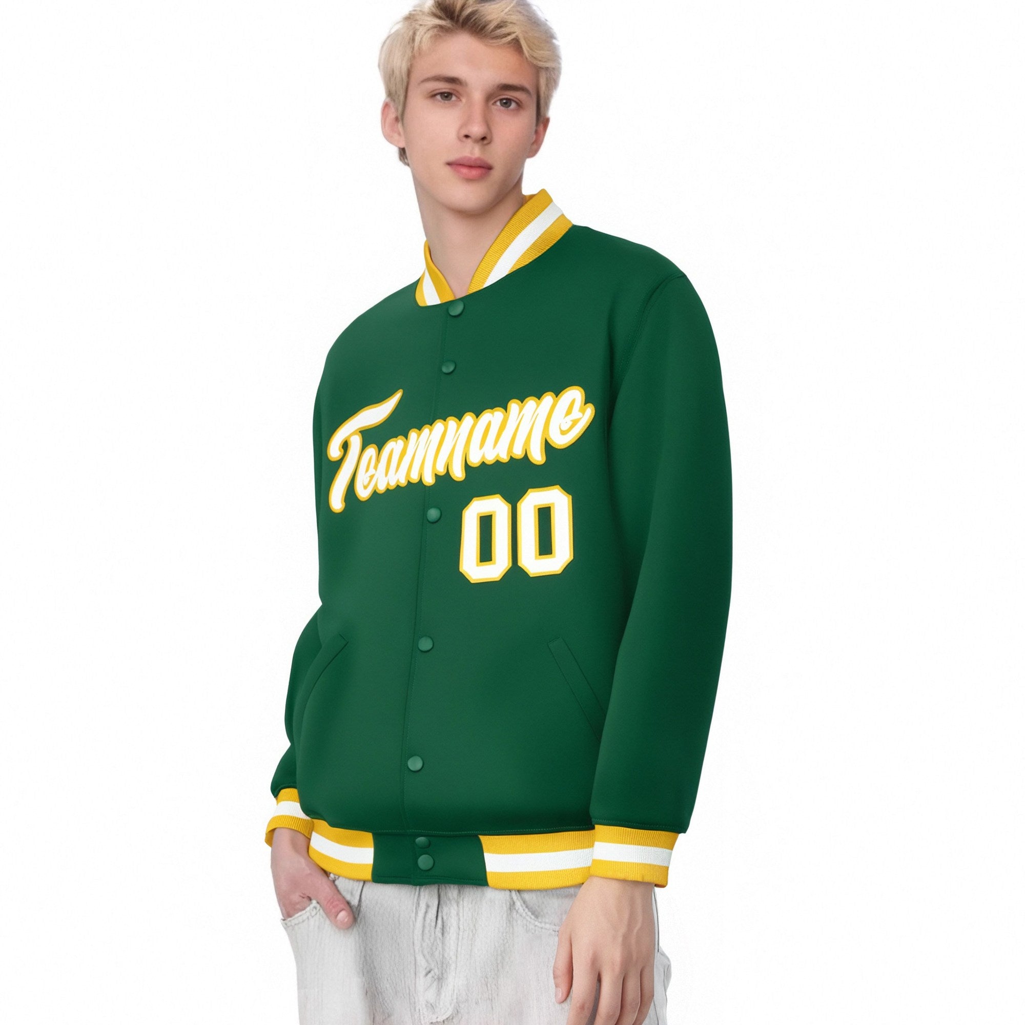 Custom Kelly Green White-Yellow Bomber Full-Snap Varsity Letterman Jacket