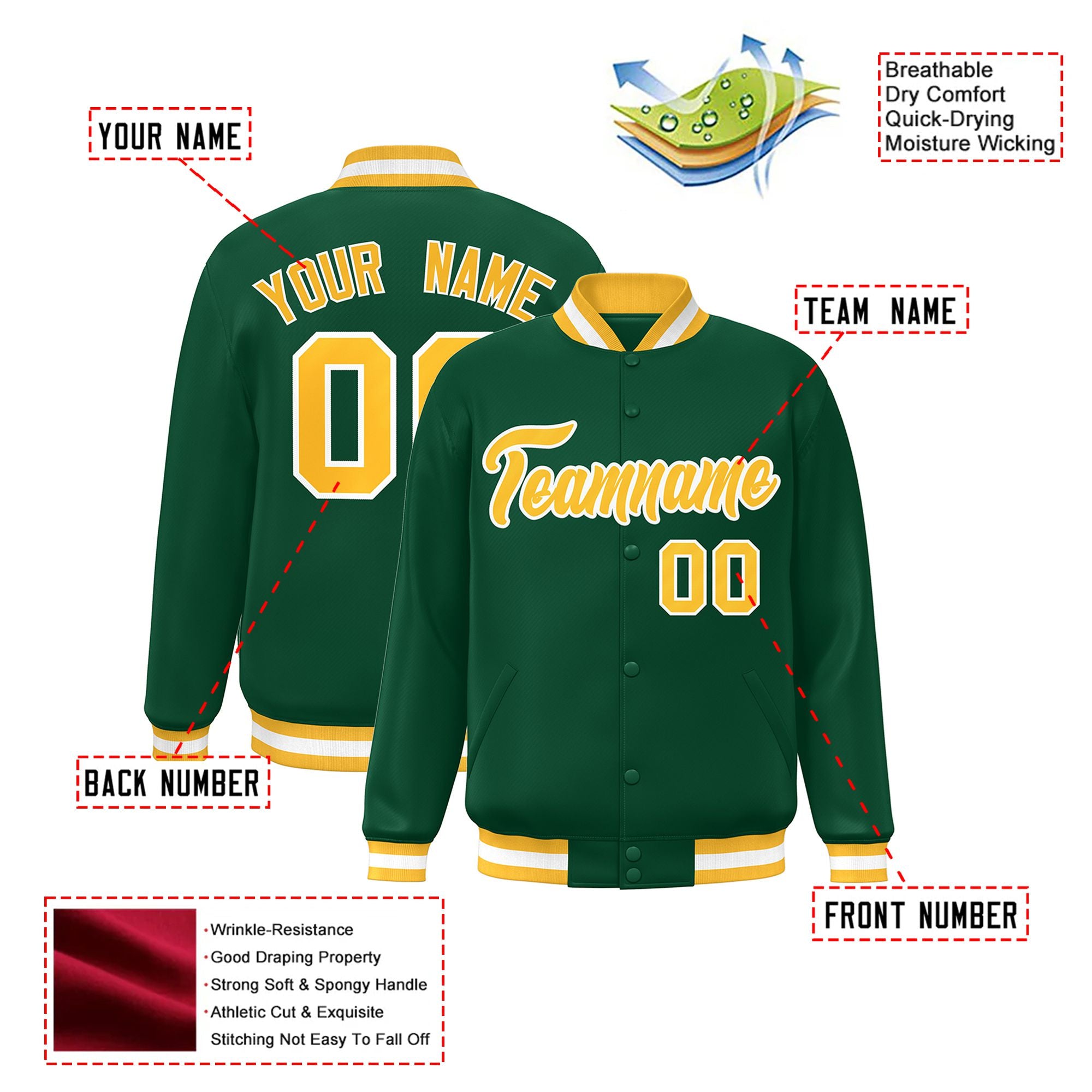 Custom Kelly Green Yellow-White Bomber Full-Snap Varsity Letterman Jacket