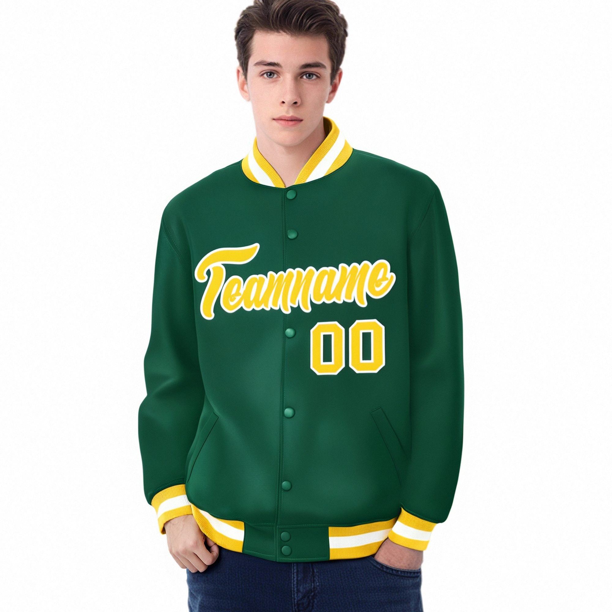 Custom Kelly Green Yellow-White Bomber Full-Snap Varsity Letterman Jacket