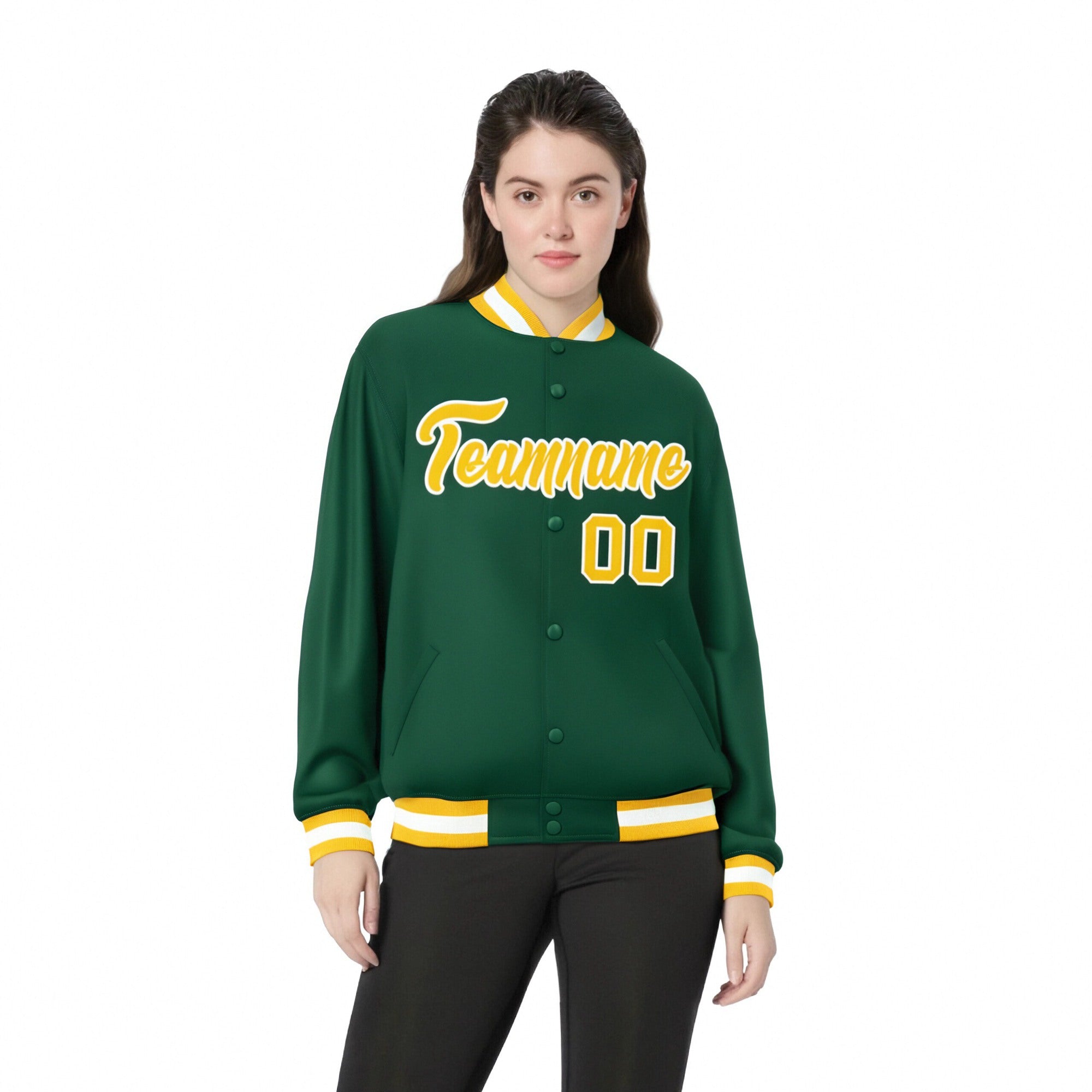 Custom Kelly Green Yellow-White Bomber Full-Snap Varsity Letterman Jacket