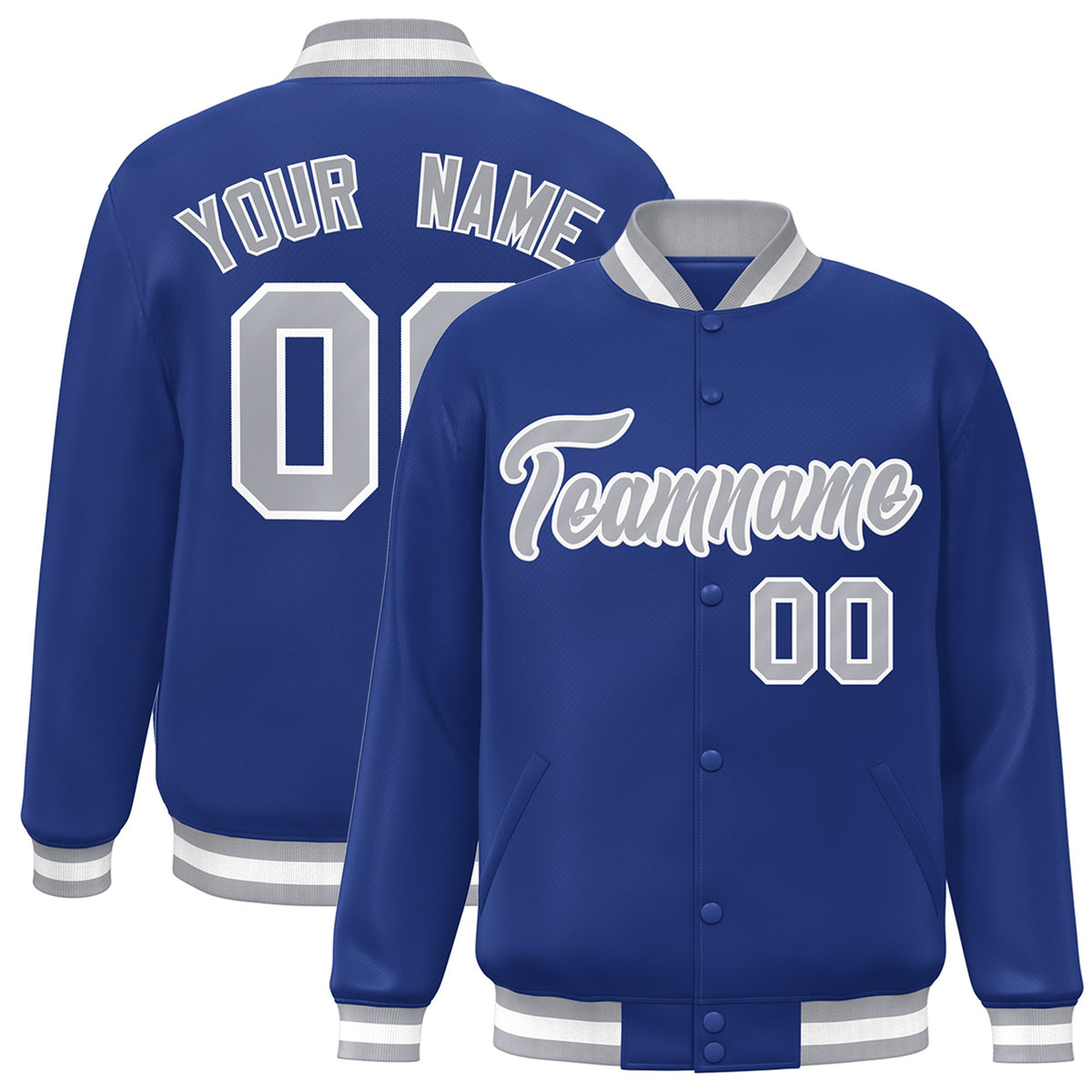 Custom Royal Blue Gray-White Bomber Full-Snap Varsity Letterman Jacket