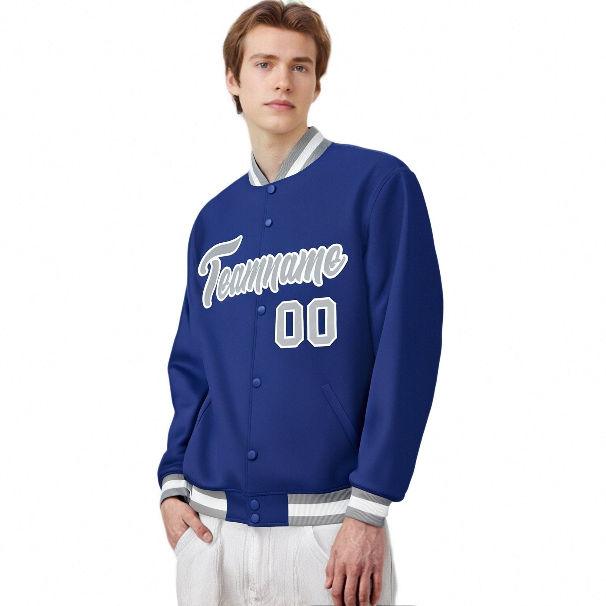 Custom Royal Blue Gray-White Bomber Full-Snap Varsity Letterman Jacket