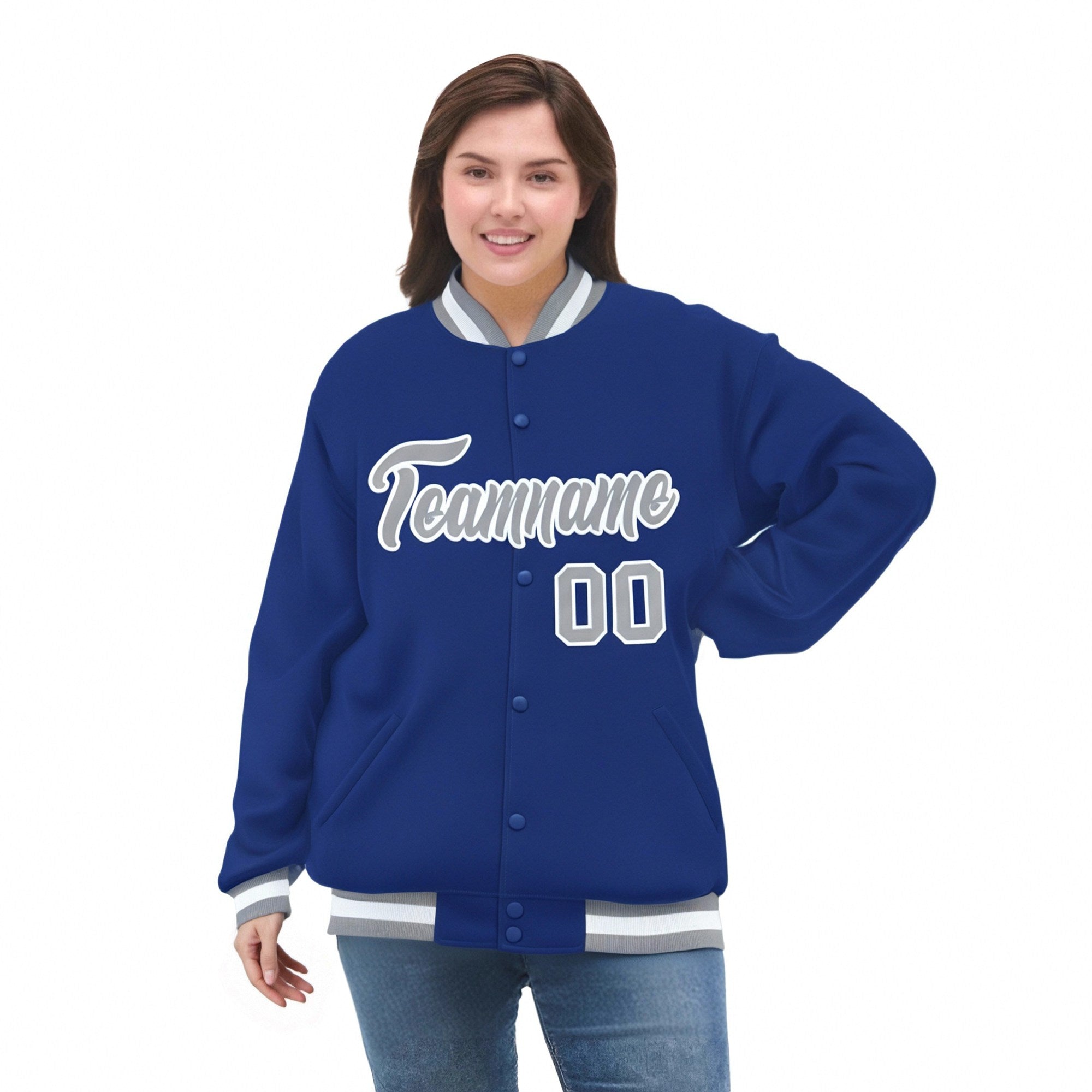 Custom Royal Blue Gray-White Bomber Full-Snap Varsity Letterman Jacket