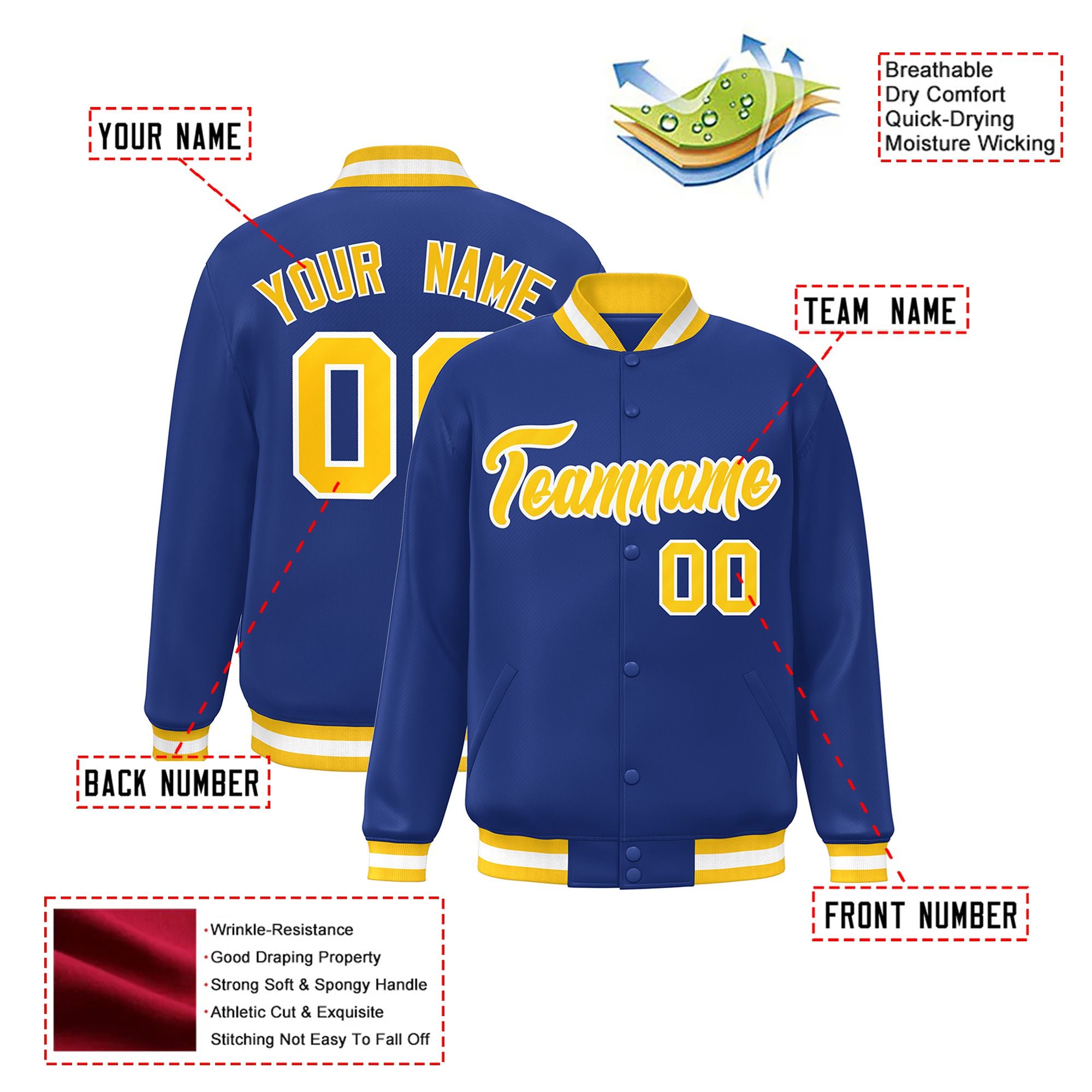 Custom Royal Blue Gold-White Bomber Full-Snap Varsity Letterman Jacket