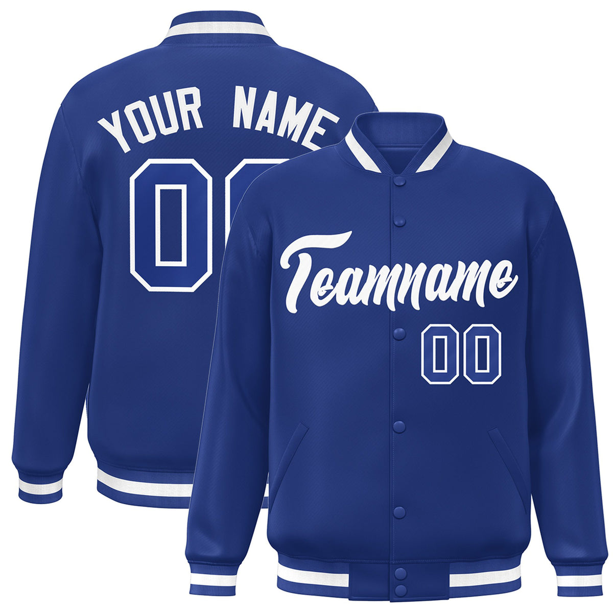 Custom Royal Blue White Bomber Full-Snap Varsity Letterman Jacket