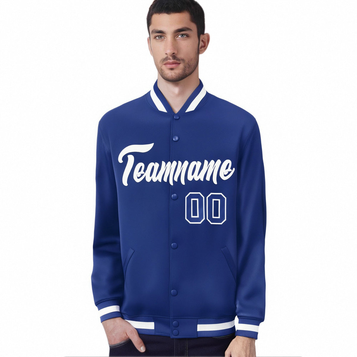 Custom Royal Blue White Bomber Full-Snap Varsity Letterman Jacket
