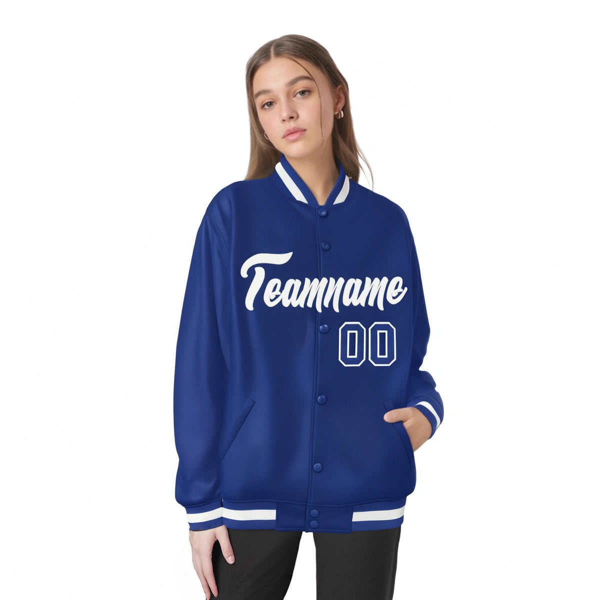 Custom Royal Blue White Bomber Full-Snap Varsity Letterman Jacket