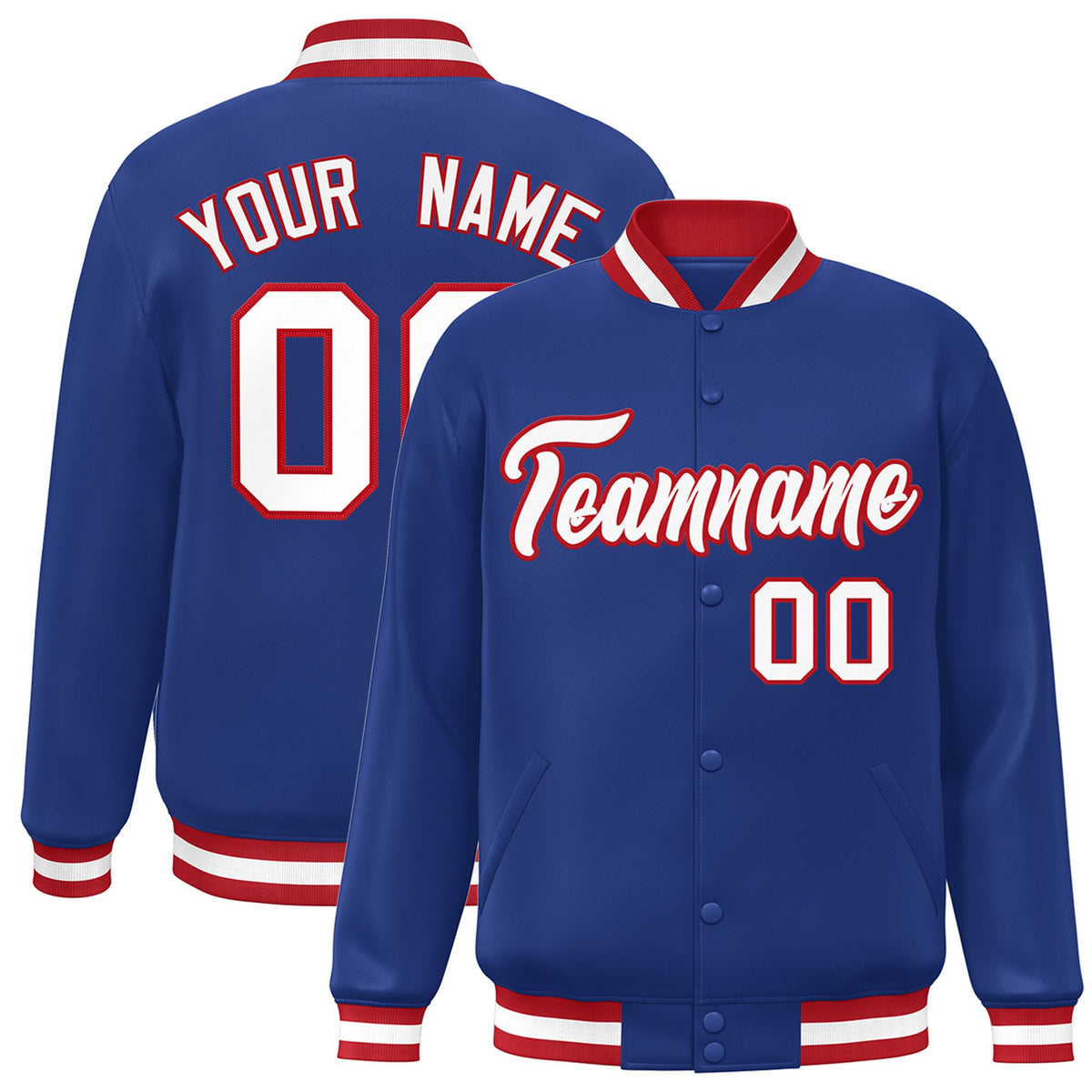 Custom Royal Blue White-Red Bomber Full-Snap Varsity Letterman Jacket