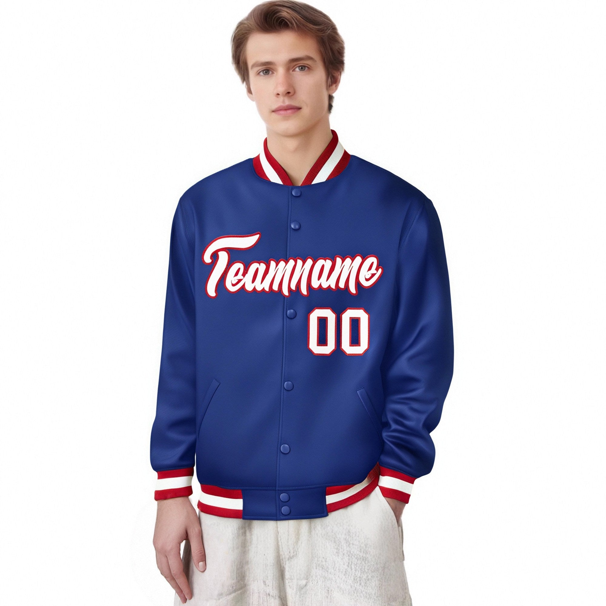 Custom Royal Blue White-Red Bomber Full-Snap Varsity Letterman Jacket