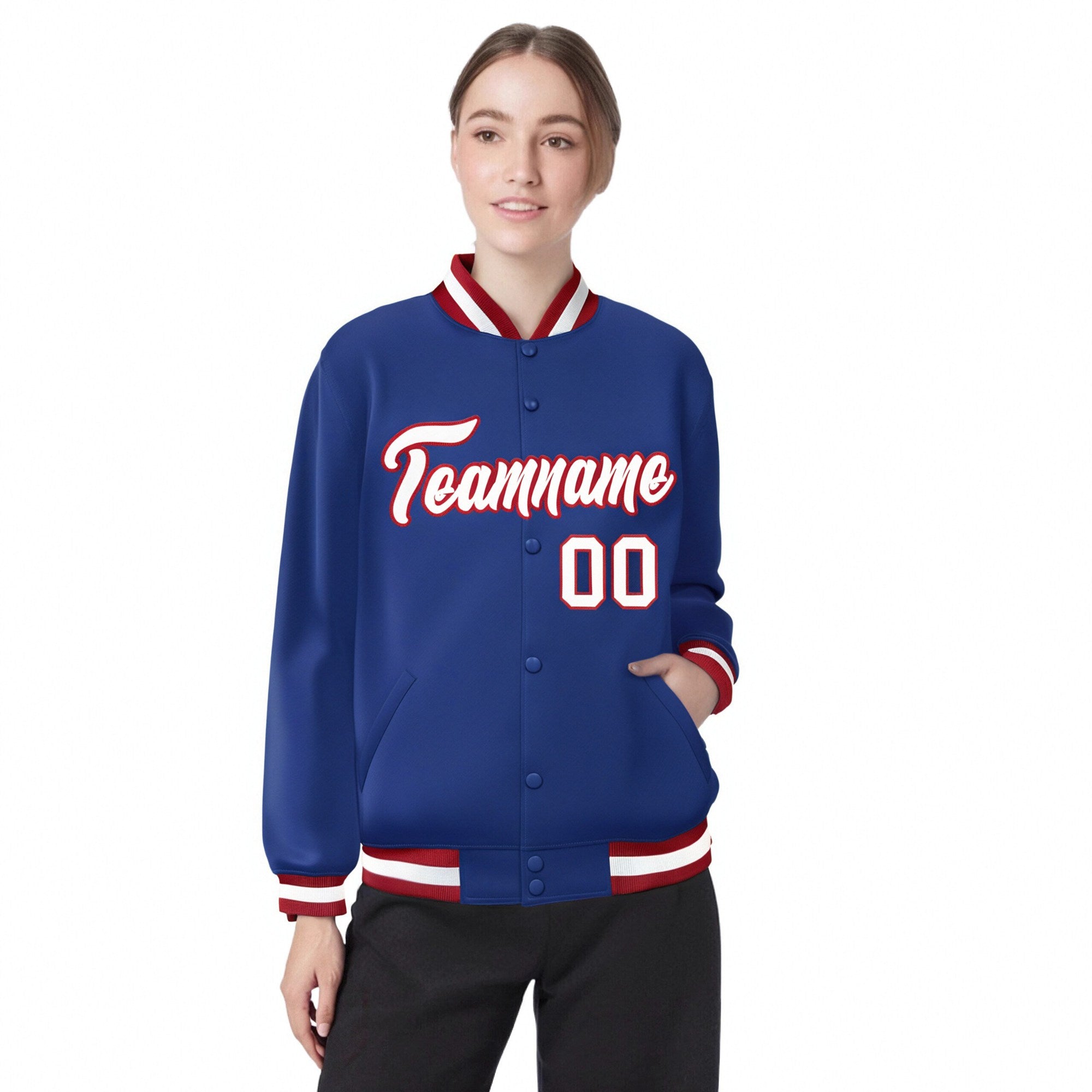 Custom Royal Blue White-Red Bomber Full-Snap Varsity Letterman Jacket