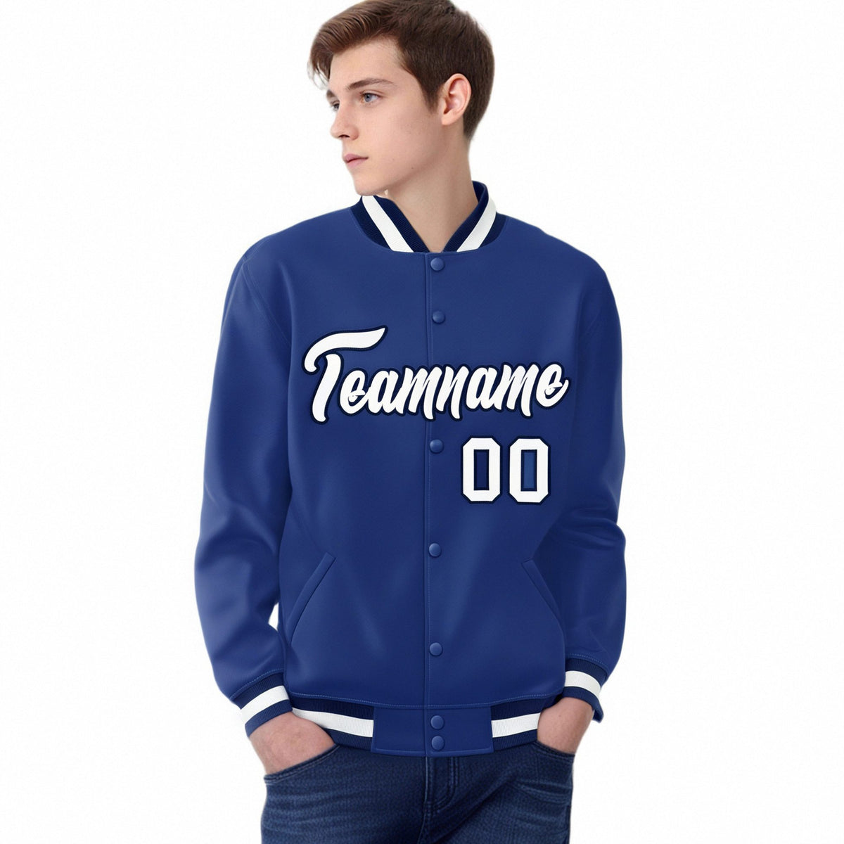 Custom Royal Blue Black-White Bomber Full-Snap Varsity Letterman Jacket