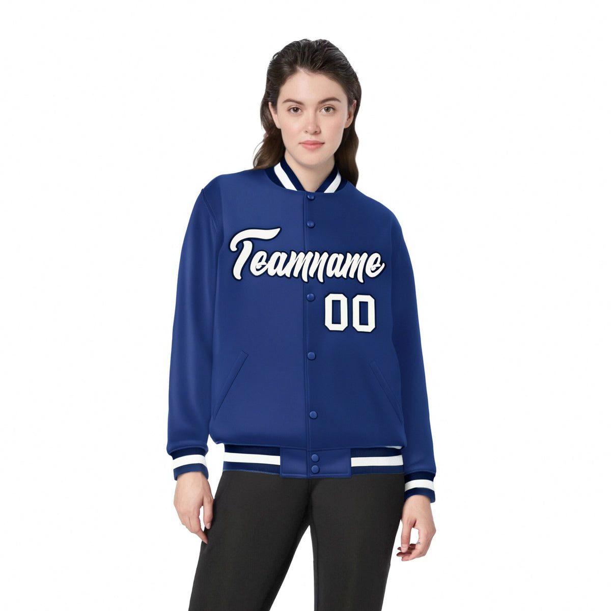 Custom Royal Blue Black-White Bomber Full-Snap Varsity Letterman Jacket