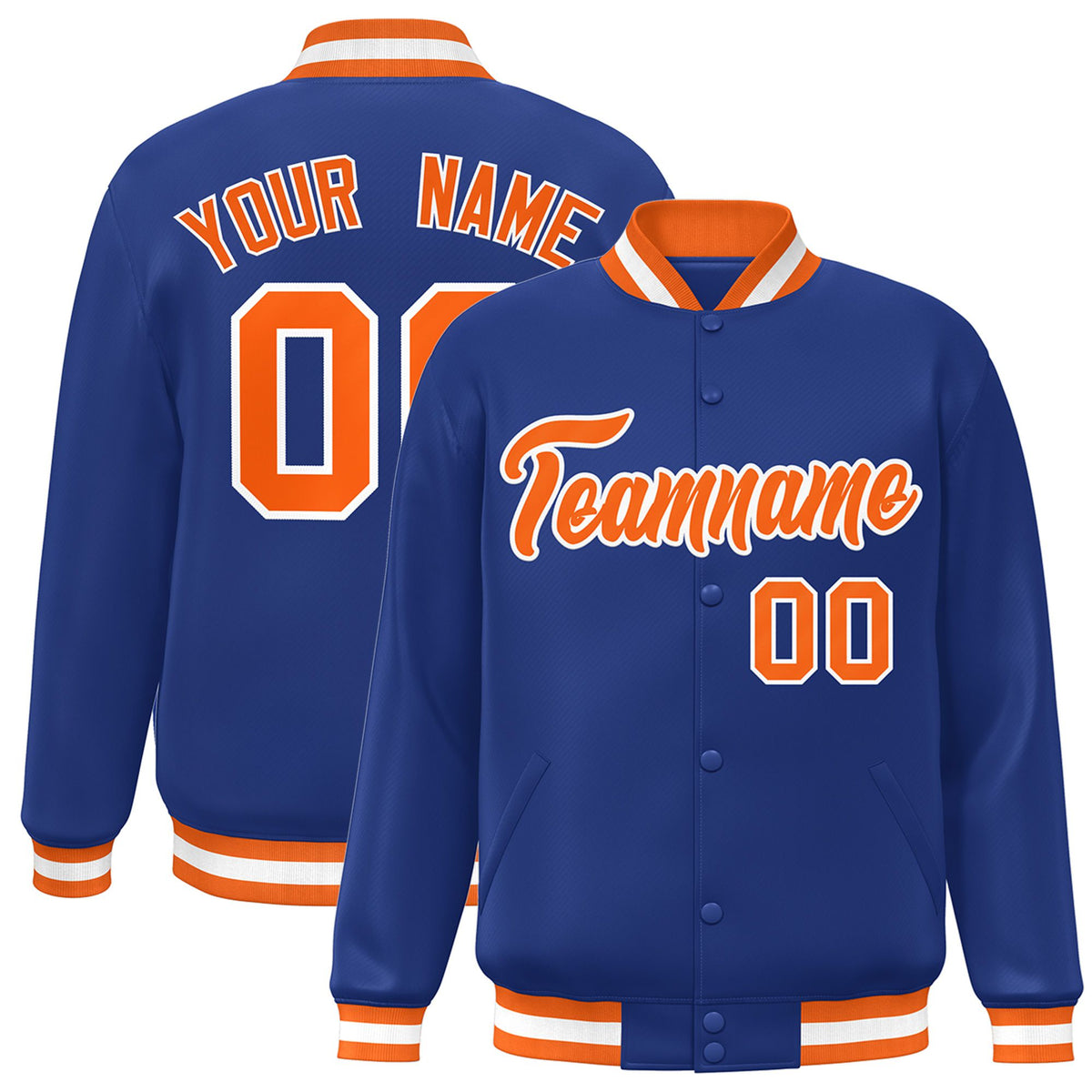 Custom Royal Blue Orange-White Bomber Full-Snap Varsity Letterman Jacket