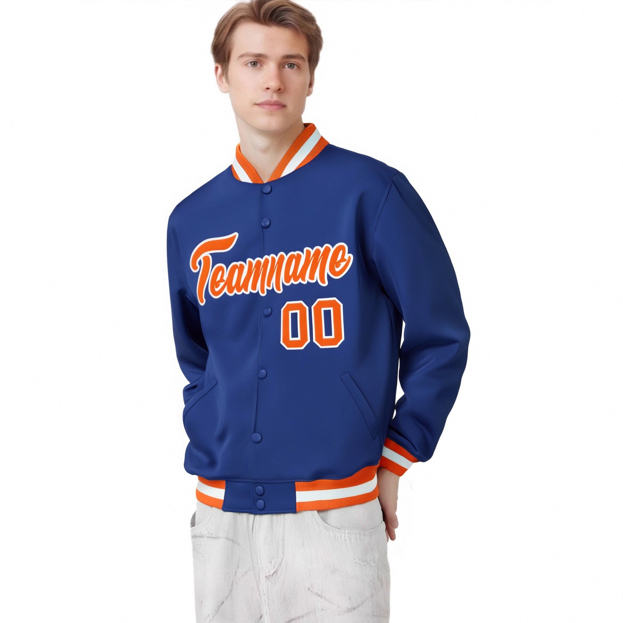 Custom Royal Blue Orange-White Bomber Full-Snap Varsity Letterman Jacket